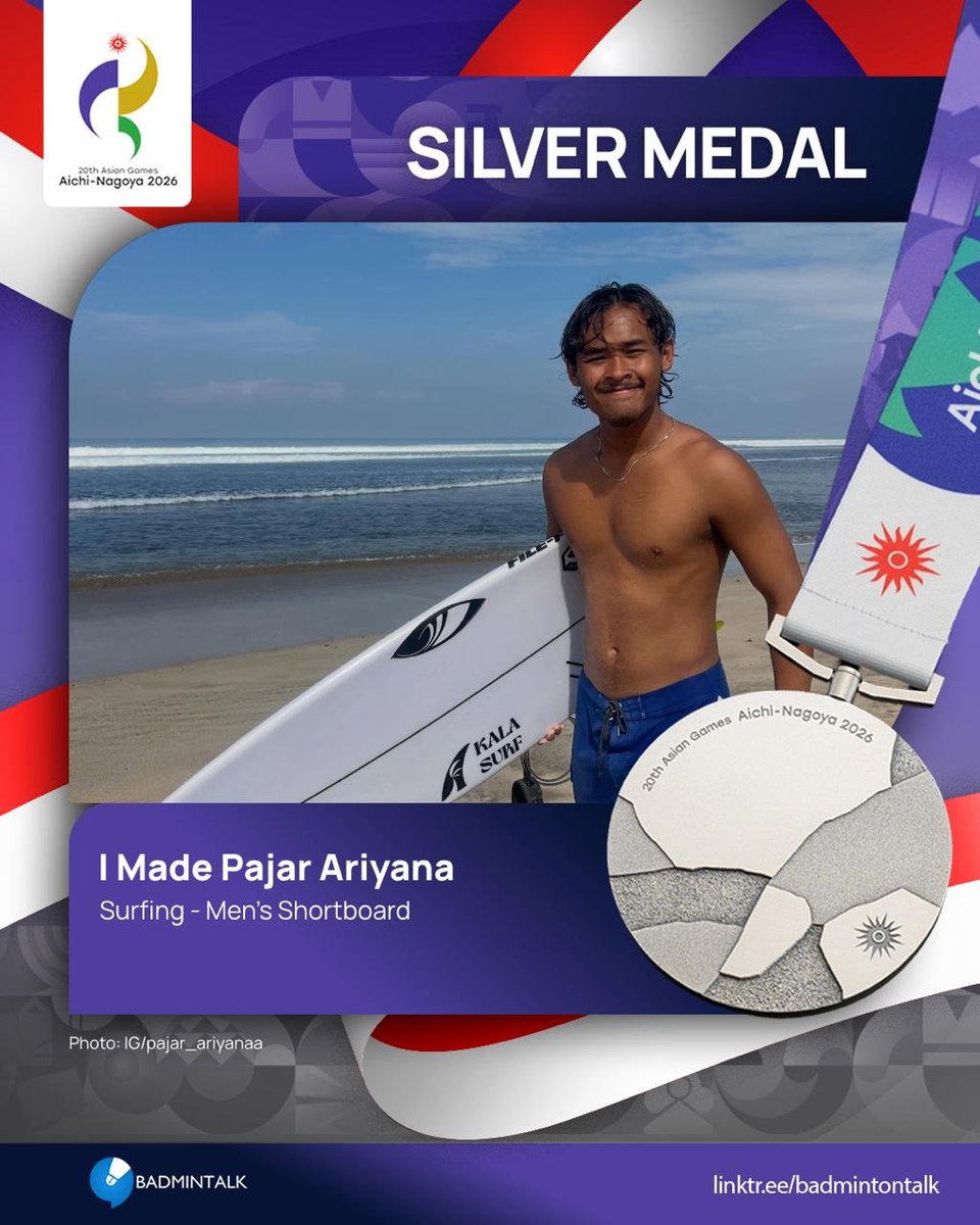 BadmintonTalk's tweet photo. TWENTY-NINTH medal for Indonesia at #AsianGames2026

Surfing - Men's Shortboard

🥇Kanoa Igarashi (JPN)
🥈I Made Pajar Ariyana (INA)
🥉Jayuard Alciso (PHI)

#AichiNagoya2026 https://t.co/iJdnDOXFHV