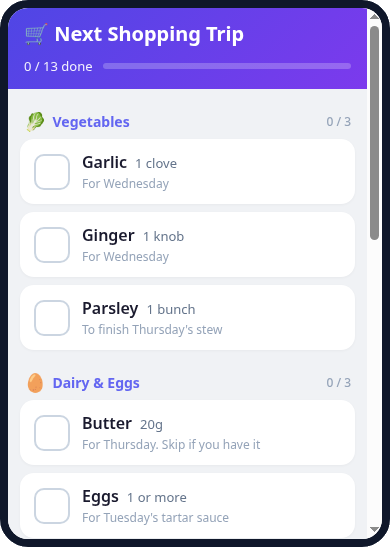 mulmocast's tweet photo. A shopping list doesn't need a shared workspace.

Keep it as a one-person collection in MulmoTerminal or MulmoClaude. It stays with you until you share it.

On your phone, open Shopping mode to check things off.

#MulmoTerminal #MulmoClaude https://t.co/nRqqPuKPO5