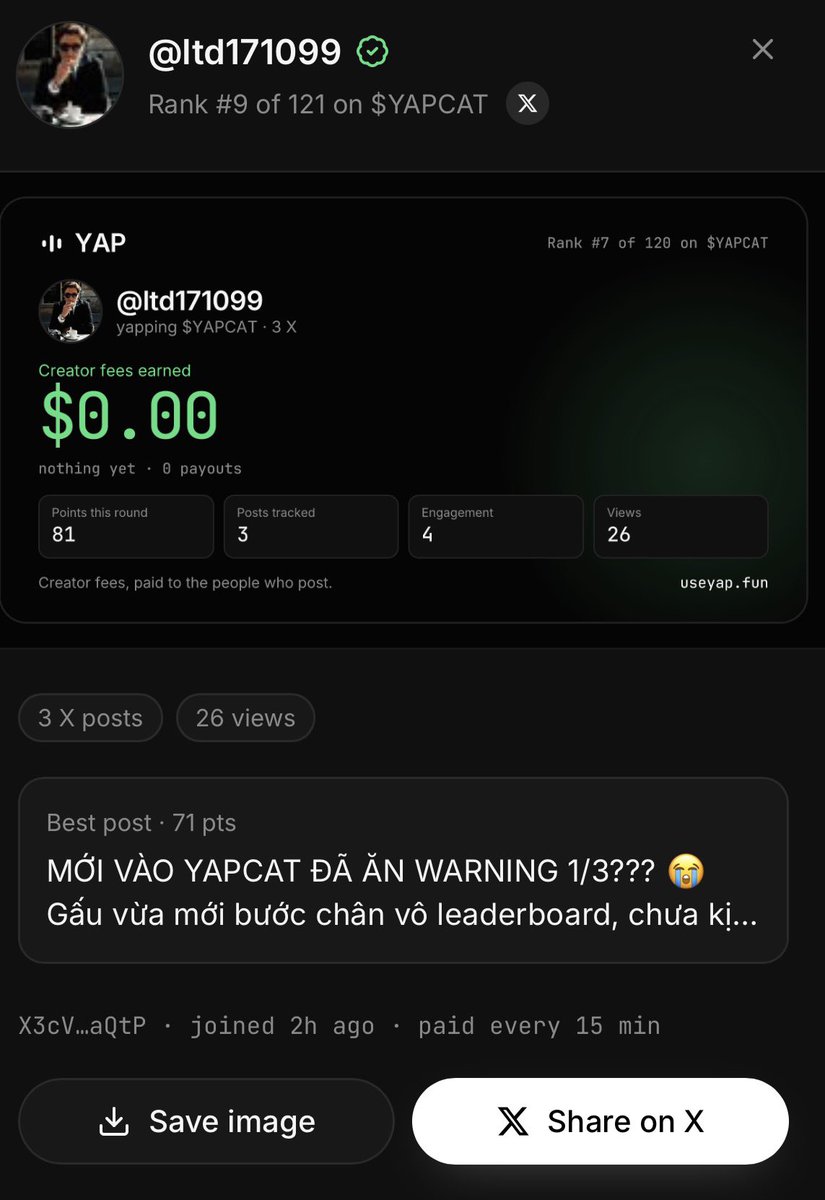 ltd171099's tweet photo. Ae cho Gấu hỏi ngu cái này với 😭

Gấu vào $YAPCAT từ 9h sáng nay, hiện tại đang Rank #7, 81 points, 3 posts, mà Creator fees vẫn $0.00 và 0 payouts 🥲

Trong khi hệ thống ghi paid every 15 min.

Vậy payout được tính như nào và điều kiện nào thì bắt đầu nhận được fee vậy ae?

Ca nè: HL8LrvYgmmHoLH9TvqqSv8Sy6yBGjXjZmpv2RpitpvUX

Có rank rồi mà ví chưa thấy đồng nào, Gấu hơi nôn nao😂