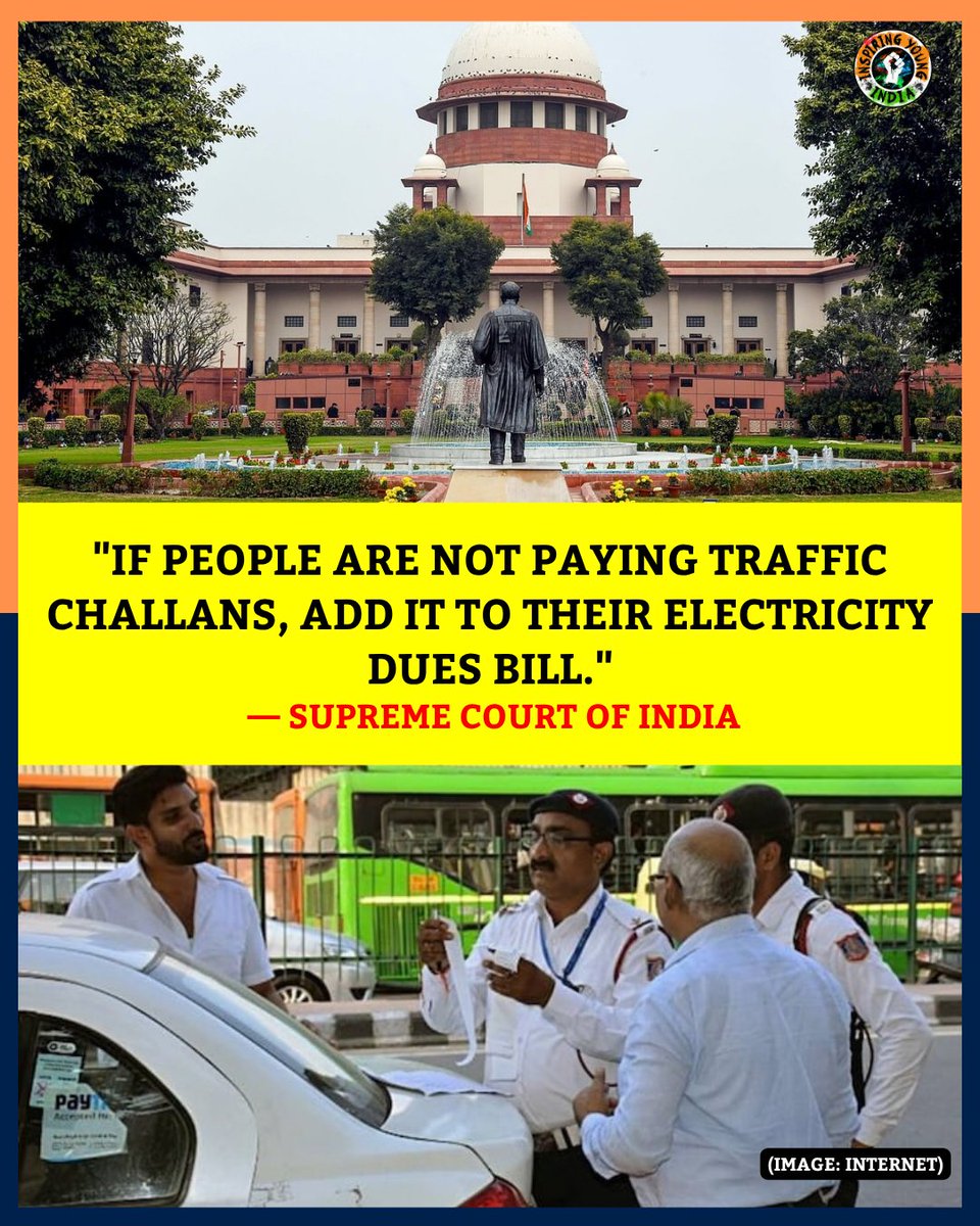 IYIndia's tweet photo. 🚨 DON’T PAY YOUR TRAFFIC CHALLAN? IT COULD BE ADDED TO YOUR ELECTRICITY BILL!

The Supreme Court suggested exploring recovery of unpaid traffic challans through electricity bills, amid reports of ₹45,000 crore in dues and ₹20,000 crore still unrecovered. ⚖️🚗

#SupremeCourt https://t.co/cS2OMlKpXO