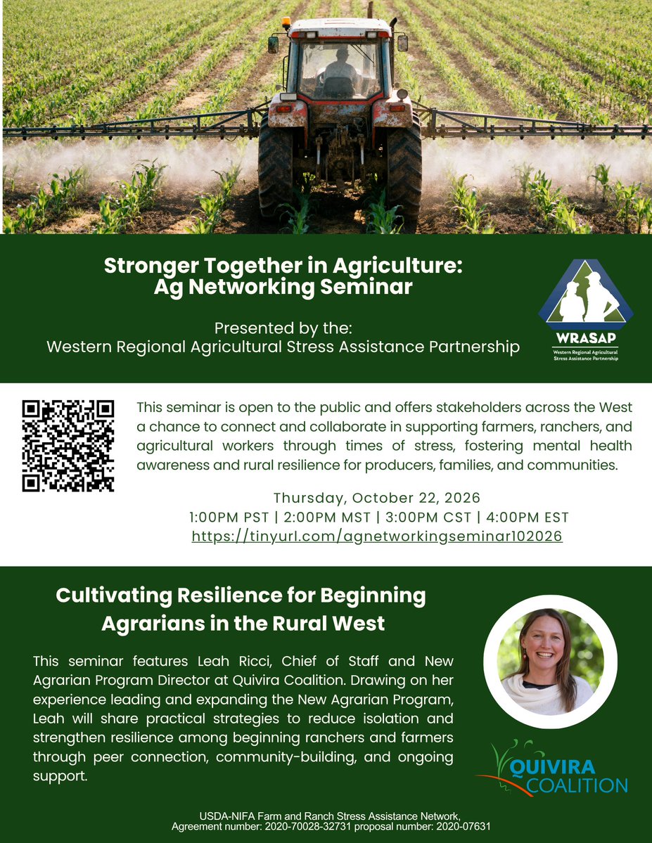 WRASAP's tweet photo. 🌱 Stronger Together in Agriculture: Ag Networking Seminar

Join us for a free seminar focused on “Cultivating Resilience for Beginning Agrarians in the Rural West"  with Leah Ricci of Quivira Coalition

🔗 Register: https://t.co/XgSEXPFzZ7

#agriculture #FarmStress #wrasap https://t.co/HaVFkPAbb2