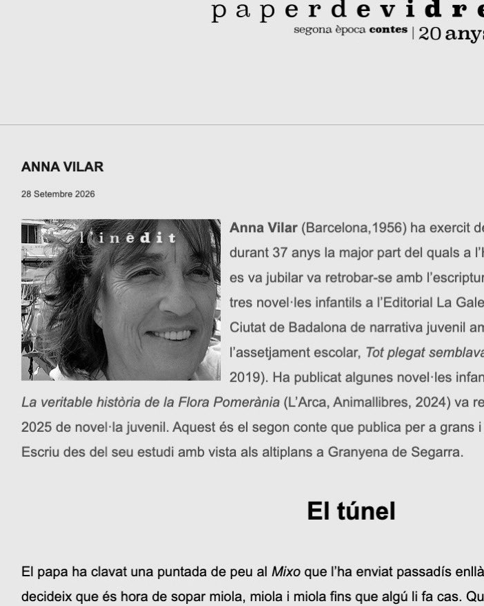 Paperdevidre's tweet photo. 💥 NOVETAT - Publiquem un nou conte a la secció L’inèdit, EL TÚNEL de l’escriptora ANNA VILAR @AAvilarr 

‘La veritable història de la Flora Pomerània’ va rebre el Premi Crítica Serra d’Or 2025 de novel·la juvenil.

🔗 No us el perdeu 👉🏼 https://t.co/OO18JHo2vg https://t.co/pfsFwQ1jn1