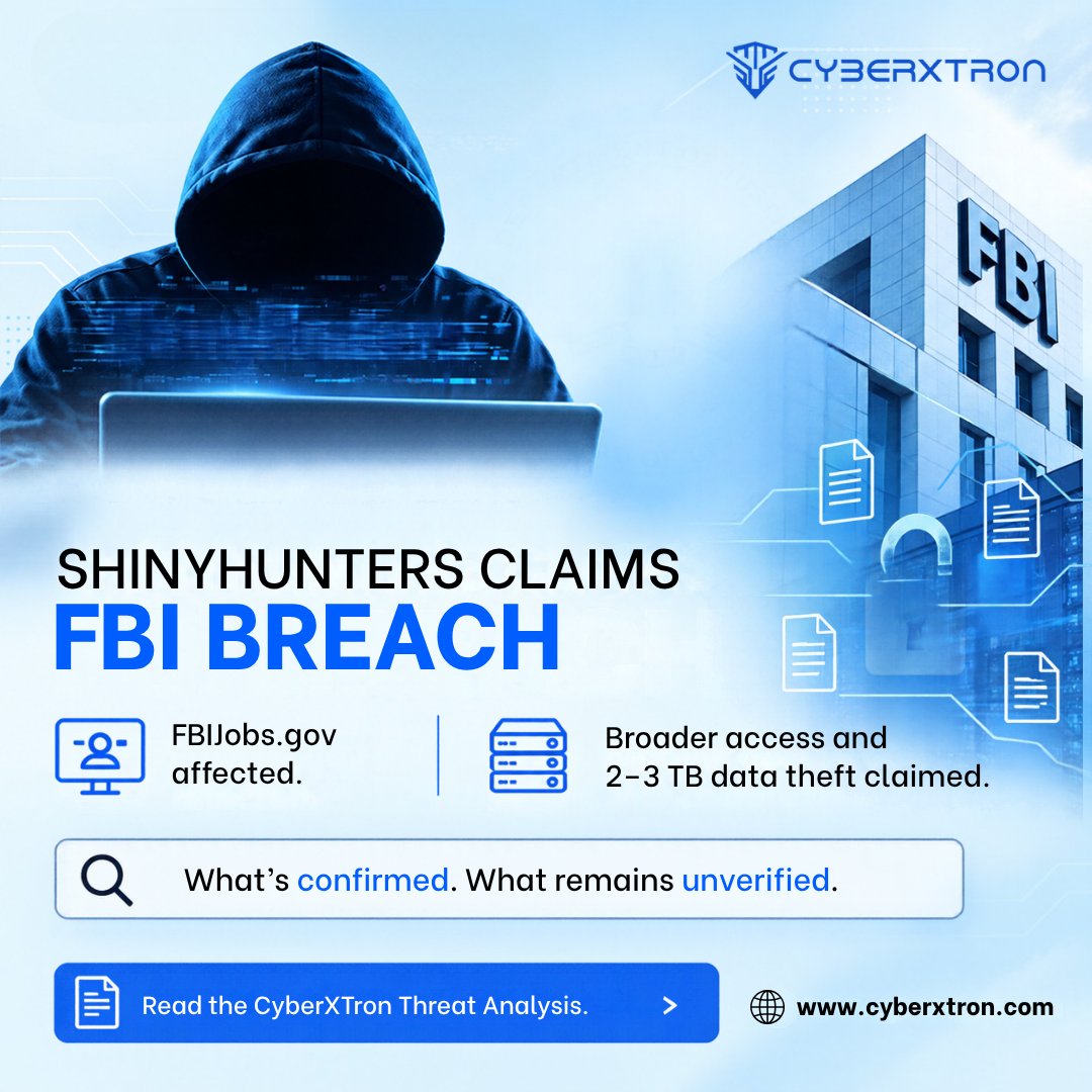 CyberxtronTech's tweet photo. ShinyHunters claims its compromise of https://t.co/eT3jciEc1X extended into broader FBI infrastructure, with 2-3 TB of data allegedly stolen.

The FBI has acknowledged unauthorized activity affecting the portal, while the group’s wider access and data-theft claims remain unverified.

Read the full CyberXTron Threat Analysis:
https://t.co/lViZN5uq2u

#CyberXTron #ShinyHunters #FBI #ThreatIntelligence #ThreatResearch #CyberSecurity