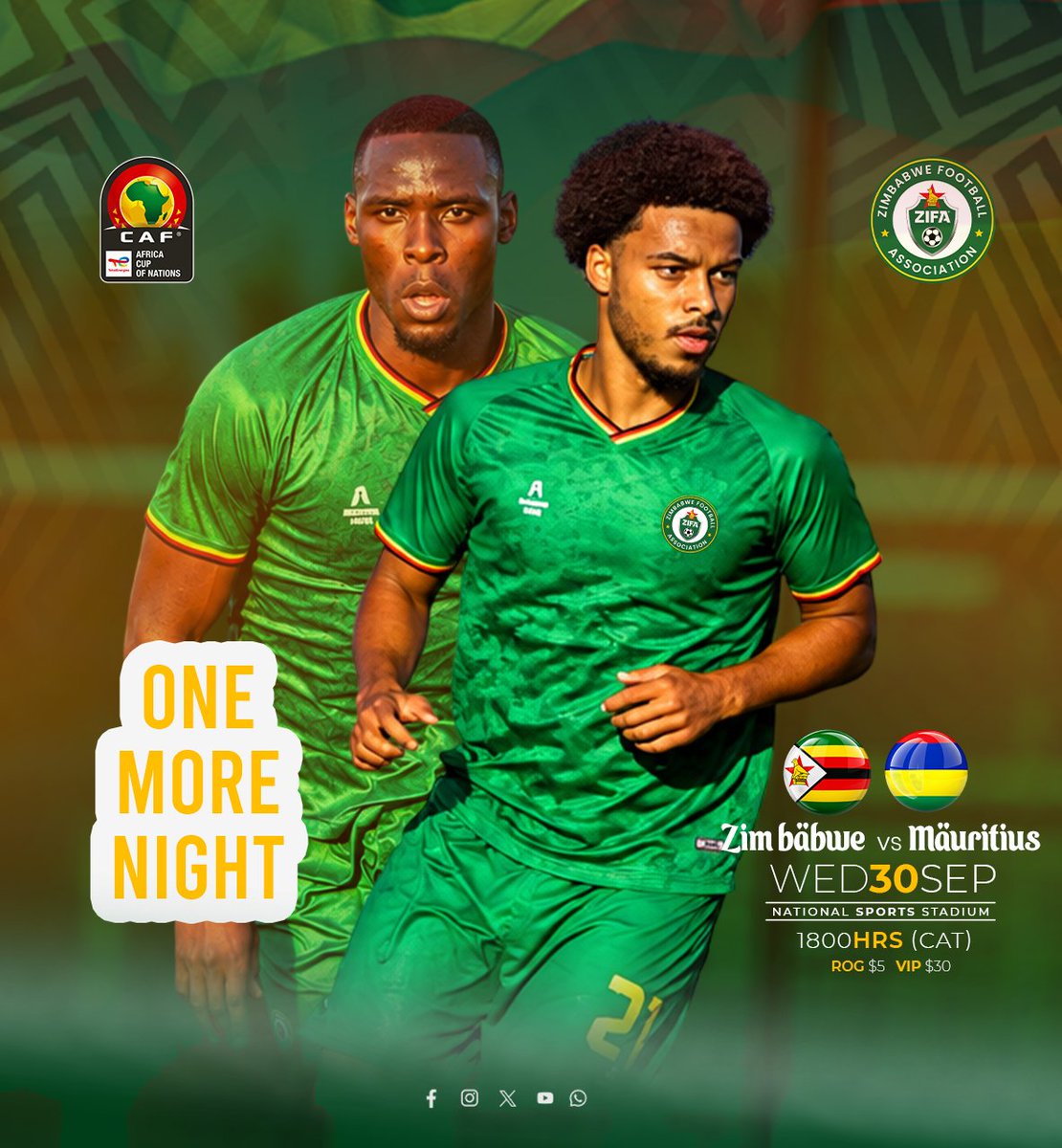 online_zifa's tweet photo. 𝗢𝗡𝗘 𝗠𝗢𝗥𝗘 𝗡𝗜𝗚𝗛𝗧, 𝗬𝗢𝗨𝗡𝗚 𝗪𝗔𝗥𝗥𝗜𝗢𝗥𝗦! 🇿🇼

Zimbabwe face Mauritius tomorrow at the National Sports Stadium. Come support our Young Warriors!

⏰ 18:00 CAT
🎟️ Rest of Ground: $5 | VIP: $30

#YoungWarriors #Bayawabaya https://t.co/0xf3Epek2u