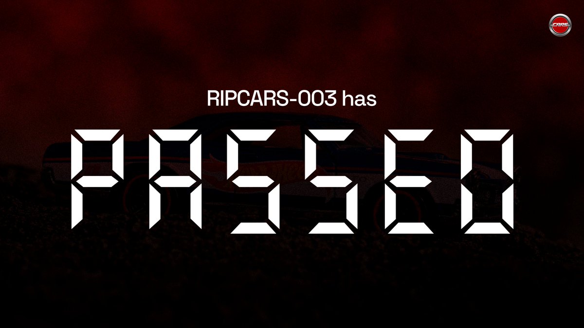 ripcarsio's tweet photo. RIPCARS-003 has passed with a final approval signal of +19.4%, with the decision market recording $61.8K in total volume. https://t.co/AP9cAivG39