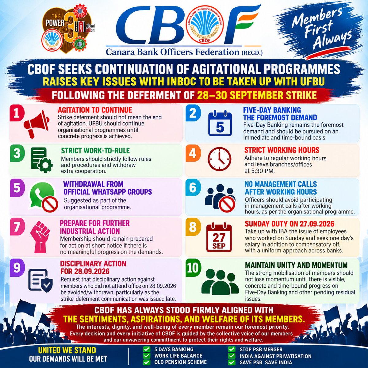 CBOFofficial's tweet photo. Dear Comrades,

CBOF has requested INBOC to take up with UFBU the continuation of agitational programmes following the deferment of the 28–30 September strike:

1. Strike deferment should not mean end of agitation – CBOF wants UFBU to continue agitational programmes until concrete progress is achieved.

2. Five-Day Banking remains the foremost demand – It should be pursued on an immediate and time-bound basis.

3. Strict Work-to-Rule – Members should strictly follow rules/procedures and withdraw extra cooperation.

4. Strict working hours – Members should adhere to regular working hours and leave branches/offices at 5:30 PM.

5. Withdrawal from official WhatsApp groups – Suggested as part of the organisational programme.

6. No participation in management calls after working hours – Officers should avoid such calls as per the organisational programme.

7. Prepare for further industrial action – Membership should remain prepared for action at short notice if there is no meaningful progress.

8. Sunday duty on 27.09.2026 – CBOF asks INBOC to take up with IBA the issue of employees who worked on Sunday and seek one day's salary in addition to compensatory off, with a uniform approach across banks.

9. Disciplinary action for 29.09.2026 – CBOF asks that disciplinary action against members who did not attend office on 28 September be avoided/withdrawn, particularly because the strike-deferment communication was issued late.

10. Maintain unity and momentum – The letter emphasises that the strong mobilisation of members should not lose momentum until there is visible, concrete and time-bound progress.

CBOF has always stood firmly aligned with the sentiments, aspirations, and welfare of its members. The interests, dignity, and well-being of every member remain our foremost priority. Every decision and every initiative of CBOF is guided by the collective voice of our members and our unwavering commitment to protect their rights and welfare.

@PMOIndia @narendramodi @BricsIndia2026 @DFS_India @FinMinIndia @nsitharaman @PIB_India @airnewsalerts @ndtv @ANI @Reuters @BBCWorld @News24 @PressTV @EconomicTimes @businessline @AIBEAofficial @aiboc_in @ncbeofficial @CBOFofficial @ChVenkatachalam @rupamsmail @nilesh_pawar15 @avijitpandey @kanalmedia23 @Hellobanker_in @idesibanda @bankaffairs @AICCTUhq @sewacomm @uniglobalunion @ilo @psiglobalunion @LabourMinistry @nsitharamanoffc @ChiefIba @ChairmanIba @CLCMOLE @RBI @TheOfficialSBI @BankofBaroda @CanaraBank @BankofIndia_IN @punjabsindbank @pnbindia @UnionBankTweets @IOBIndia @centralbank_in @MyIndianBank @UCOBankOfficial

#5DayBankingNow #UnitedWeStand #5DaysBanking #WorkLifeBalance #OldPensionScheme #StopPSBMerger #IndiaAgainstPrivatisation #SavePSB #SaveINDIA #BankEmployees #BankUnions #BankingSector #PublicSectorBanks #PSB #WorkersUnity #TradeUnions #CollectiveBargaining #BankersUnity #SavePublicSectorBanks #EmployeeRights #WorkersRights #LabourRights #DecentWork #UnitedWeFight #BankingForPeople