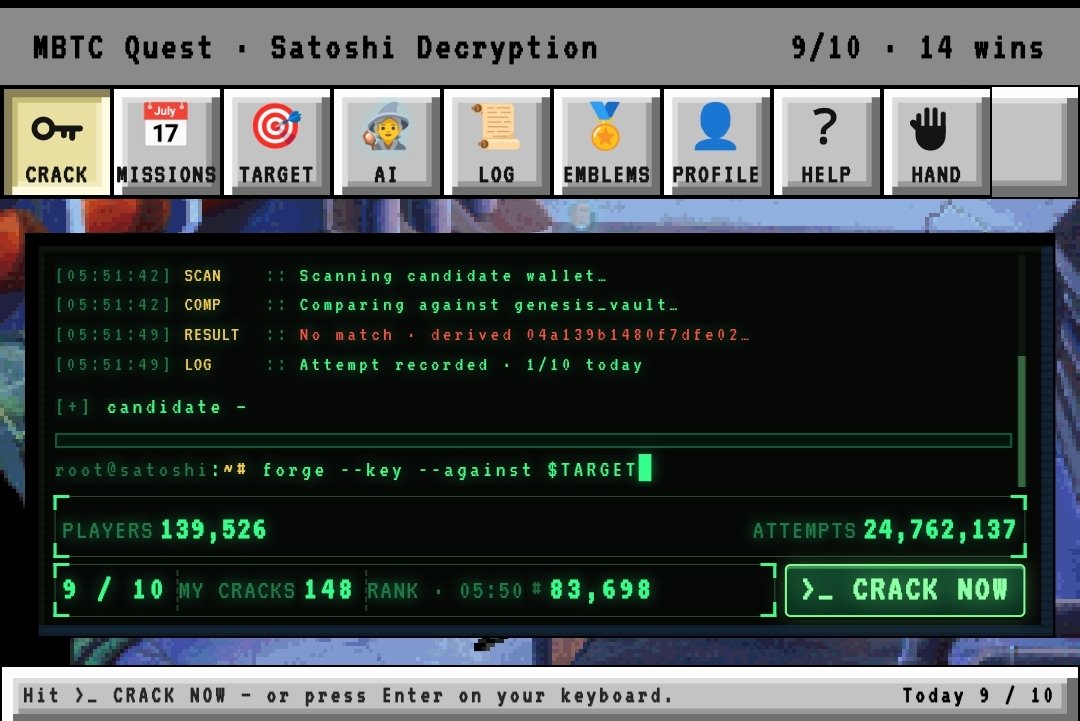 Matashamu's tweet photo. Just cleared 14 wins on MBTC Quest: Satoshi Decryption! 🕹️⚡️ Retro pixel gaming meets Bitcoin testnet/crypto quests. Who else is grinding this on @1096361BTC 
https://t.co/1P5FIUoBXO https://t.co/QcRgFXp2Cw