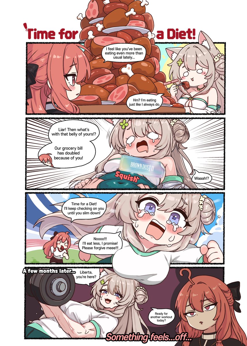 BROWNDUST2_EN's tweet photo. 📕BrownDust2 4-Panel Comics -【Time for a Diet!】

Gasp… Tyr was an unexpected muscle puppy—wait, a muscle wolf?!?! 🫪

Liberta, don’t worry too much.
Our adorable little foodie’s belly isn’t going anywhere. Shh 🤫

Written by @_weaselrabbit 

#BrownDust2 #Comics https://t.co/39r9iBi90W