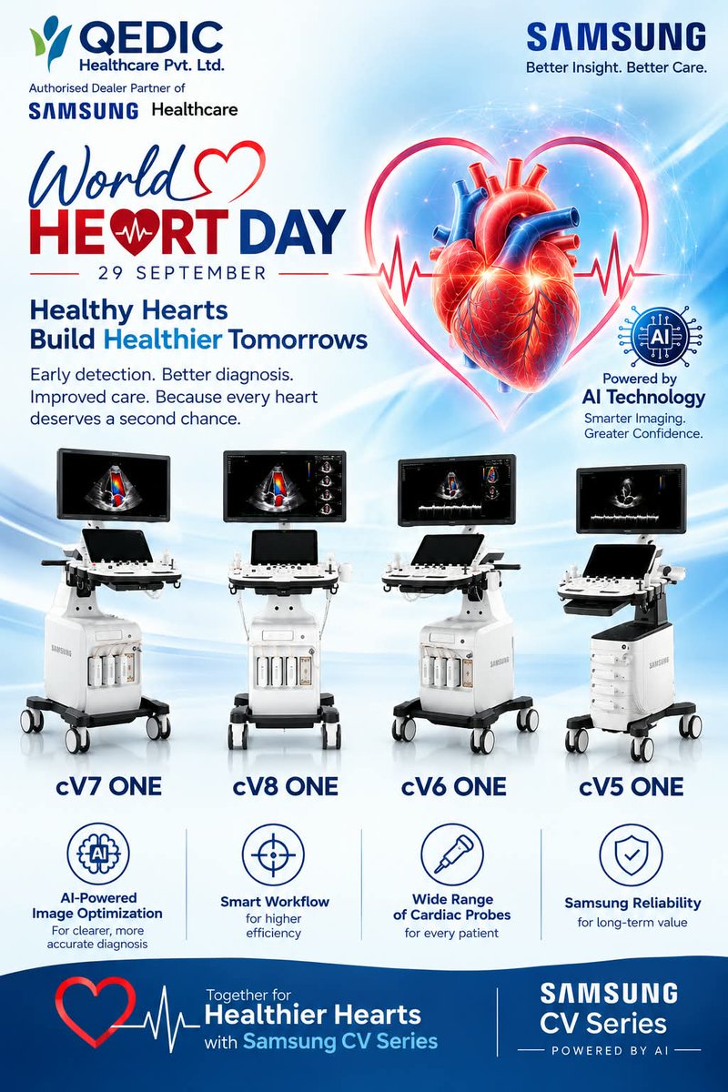 QedicHealthcare's tweet photo. ❤️ World Heart Day | 29 September
Healthy hearts build healthier tomorrows.
Samsung cV7 ONE | cV8 ONE | cV6 ONE | cV5 ONE
QEDIC Health Care Pvt. Ltd. on IndiaMART.
#WorldHeartDay #SamsungUltrasound #CVSeries #CardiacUltrasound #UltrasoundMachine #AIinHealthcare #QEDIC #IndiaMART https://t.co/EFgsvqr3dK