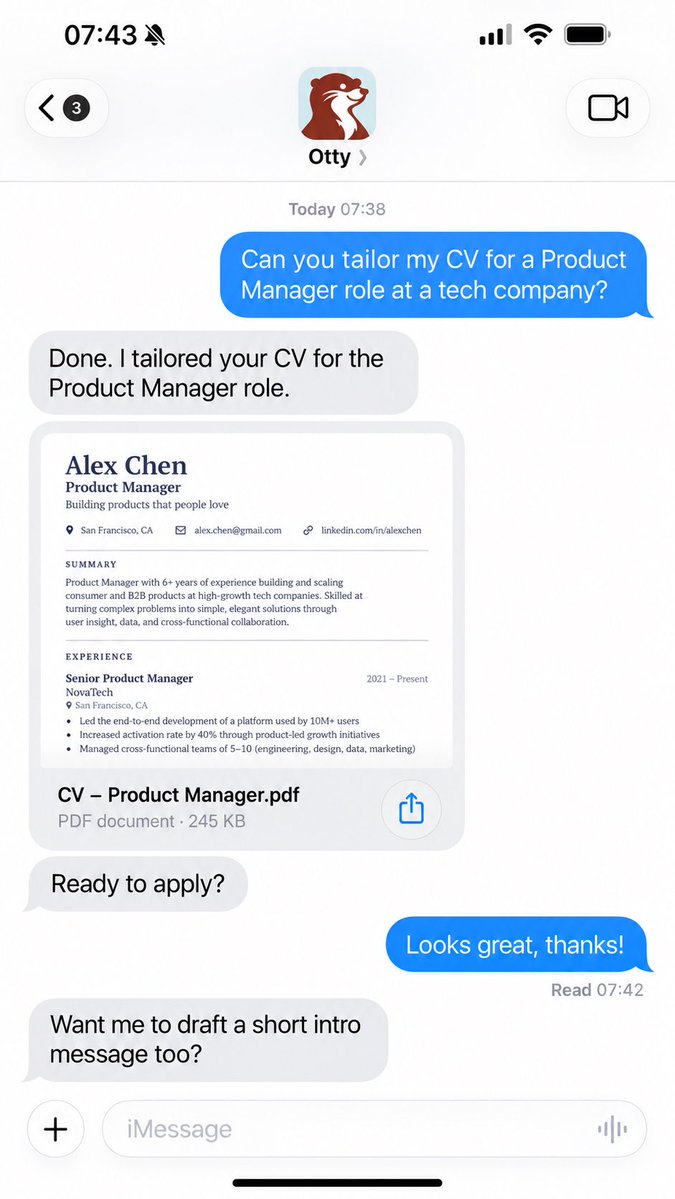 dean_shabi's tweet photo. Otty can now tailor your CV for each role, automatically!

Increase your chances to get past the stupid ATS filters.

Ask it to show you, approve it, and let it apply!

You can also tell it to automatically do it every time.🫡 https://t.co/2u1O5GdeTE