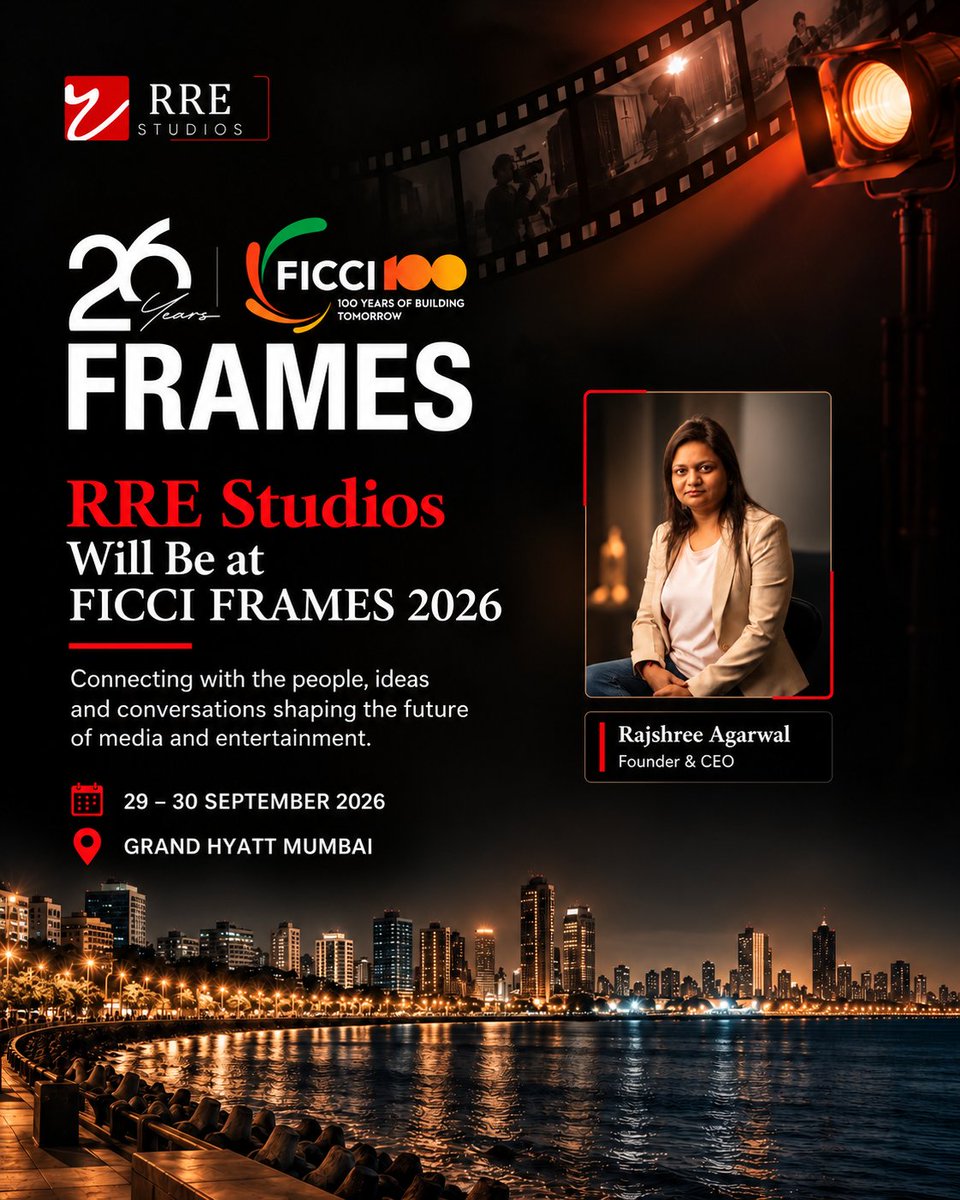 RREStudios's tweet photo. Meet us at FICCI FRAMES 2026.
As the industry comes together in Mumbai, we’re looking forward to new conversations, meaningful connections and opportunities to collaborate.
#RREStudios #FICCIFRAMES2026 #FICCIFRAMES #MediaAndEntertainment #CreativeIndustry #Mumbai https://t.co/ij4a0IcVIr