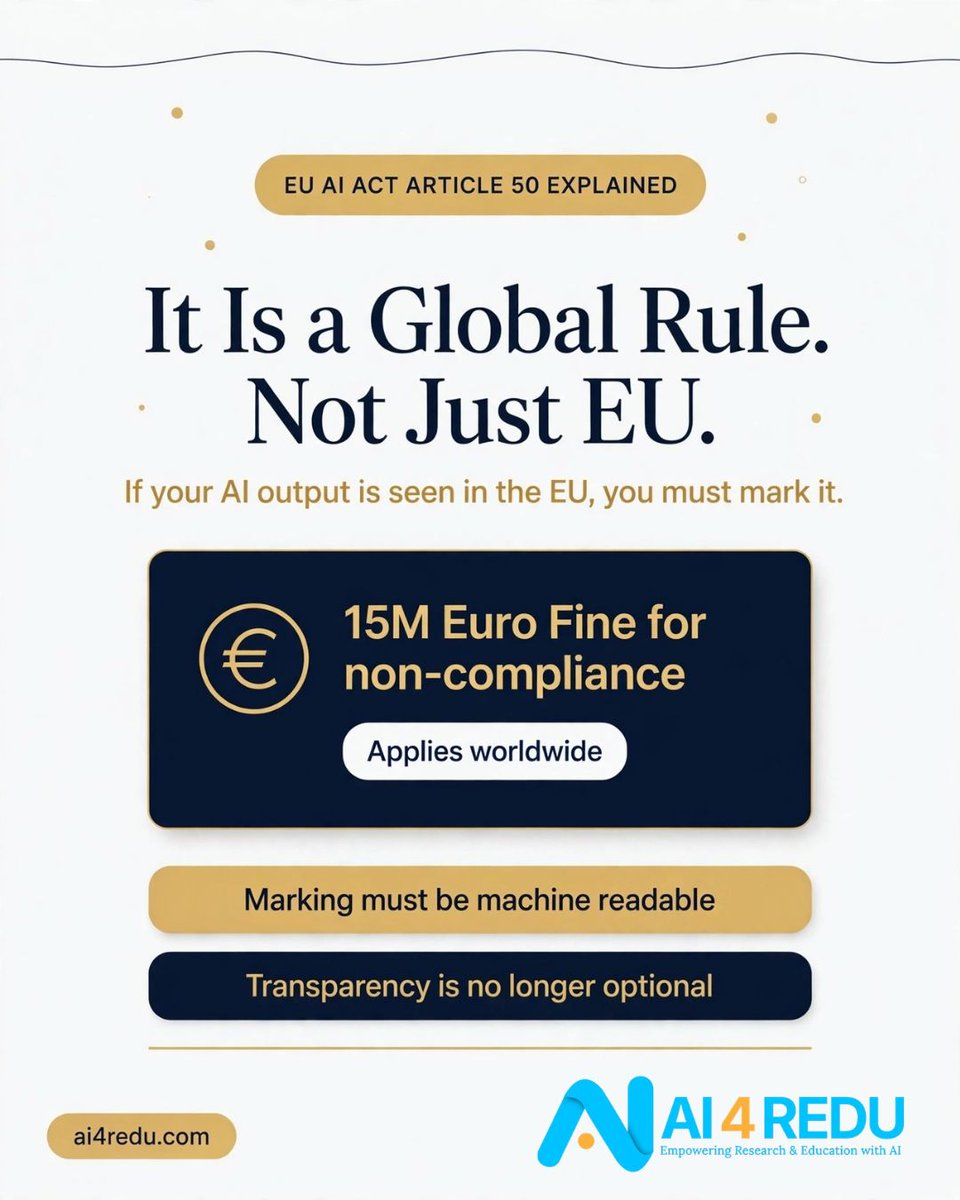 AI4REDU's tweet photo. It's not an EU-only law.

If your AI content is SEEN in the EU, you must mark it. Even from Kenya.

€15M fine for hiding it.

Transparency is no longer optional.

Full breakdown: https://t.co/0xWwHdJLeR

#EUAIACT #AI https://t.co/yBphJDAzlt