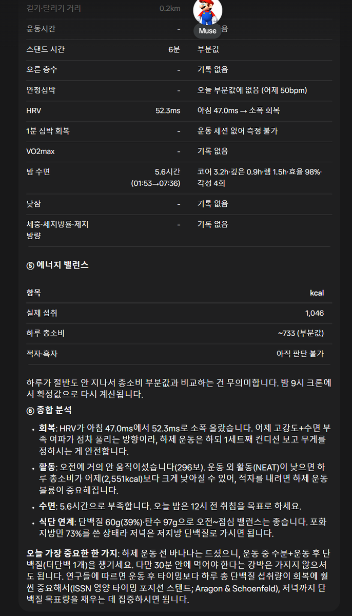 blazingbees's tweet photo. 메타 뮤즈 이용해서 개인 건강, 식단 관리 하는 팁.
다이어트 하고 싶은 사람들도 이거 활용하면 개꿀임.

이메일 검색하게 시켜서 과거 건강검진 결과표 연도별로 다운받아서 정리시켜놓고 분석하게 했음. 그리고 인바디 앱과 애플 헬스 연동시켜놓음. 그리고 메타 뮤즈와 애플 헬스를 연동 시킴.

그러면 이제 메타 뮤즈는 몇년치 내 건강검진 기록 내용을 알고 있는 상태이고 애플 헬스를 통해서 내 '수면', '걸음 수', '운동 세션', 'HRV,' 'VO2MAX', '심박수', '체중', '체지방율' 등을 '시계열 데이터'로 액세스하게 됨.

그리고 식단 관리 해달라고하면서 아침, 점심, 저녁, 간식 먹을 때 마다 저렇게 표로 정리하고 + 식단 입력할 때 마다 or 저녁 특정 시간에 애플 헬스 데이터도 읽어들여서 분석하고 조언해달라고하면 됨.

참고로 나처럼 애플 워치 같은걸로 수면 측정, 운동 측정을 꾸준히 한 사람들은 활용도가 높음. 난 런닝, 트레드밀, 천국의 계단, 산책, 수면, 심박수를 애플워치로 측정해왔고 약 12년치의 데이터가 있는 상태임. 

메타 뮤즈한테 식단 데이터 관리하고 매주 혹은 매월 단위로 '아티팩트'로 분석해달라고하면 보기좋게 시각화하고, 인터랙티브 차트 등으로 만들어달라고하면 주간/월간으로 매일 칼로리 적자가 어떠했는지 그에 따른 체중, 체지방율 변화도 체크할 수 있음.

아니면 아예 아티팩트 자체를 '입력형'으로 만들어달라고해서 아티팩트 메뉴에서 들어가서 입력하는 방법도 있음. 

그록봇이 성능이나 퍼포먼스는 더 좋지만, 메타 뮤즈처럼 애플 헬스 데이터 연동이 아직은 안되고, 인라인 시각화를 지원안해서 이런 점에서는 메타 뮤즈가 더 강점이 있음.

음식 뭐 먹었는지 대충 사진찍어서 보내도 되고 간략하게 말로 해놓으면되고, 이렇게 해두고 주간/월간으로 체크해보면 좋음

이거 말고도 여러 Wow moment가 있긴했는데, 이렇게 건강검진 내역 정리 + 식단 관리 하는 방법은 여성분들은 체중 관리, 다이어트에 도움이 될거고 운동하는 젊은 남성부터 건강관리해야하는 중년들까지도 모두 도움될거 같아서 공개함. 

애플 헬스 데이터 12년치가 진입장벽이려나?
근데 뭐 몇주, 몇달치 데이터만 있어도 지금부터 시작하면 됨.
건강검진 데이터도 못찾으면 몇년치는 수기로 직접 넣어주고.
관리하려면 이정도 노력은 들여야하지않나 싶음.

메타 뮤즈 한국에서 설치하는 방법?
인용원문 타고 들어가면 있음.

메타 뮤즈 활용법은 반응 좋으면 몇개 더 풀겠음.