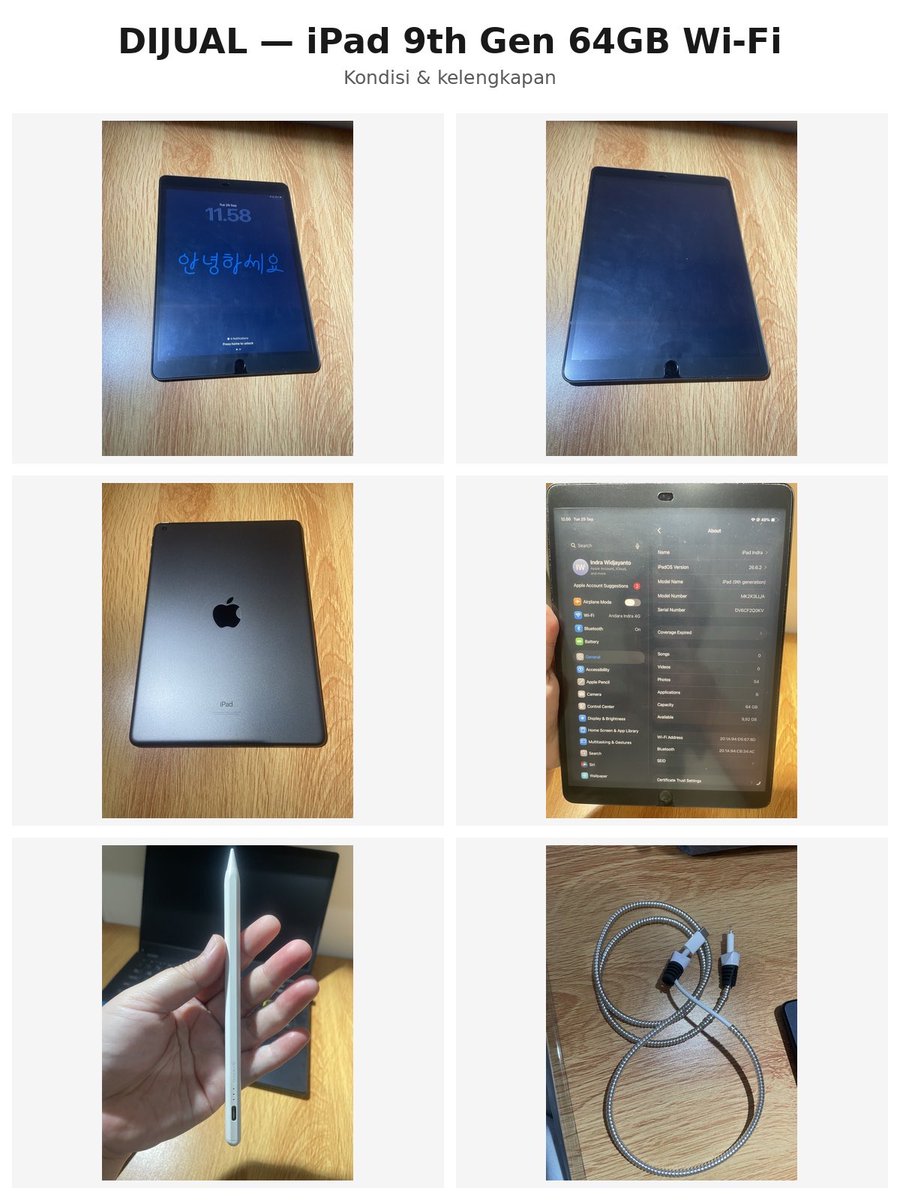 andaracurly's tweet photo. DIJUAL iPad 9th Gen 64GB Wi-Fi

✨ Kondisi baik &amp; normal
✏️ Bonus stylus GOOJODOQ
🔌 Kabel charging
📦 Dus original ada (di Jakarta)

💰 Rp3.300.000 nego

📍 Surabaya–Sidoarjo
📲 Dara: 0811-9931-910

Minat? DM/WA ya 😊 https://t.co/C12WFVMB5j