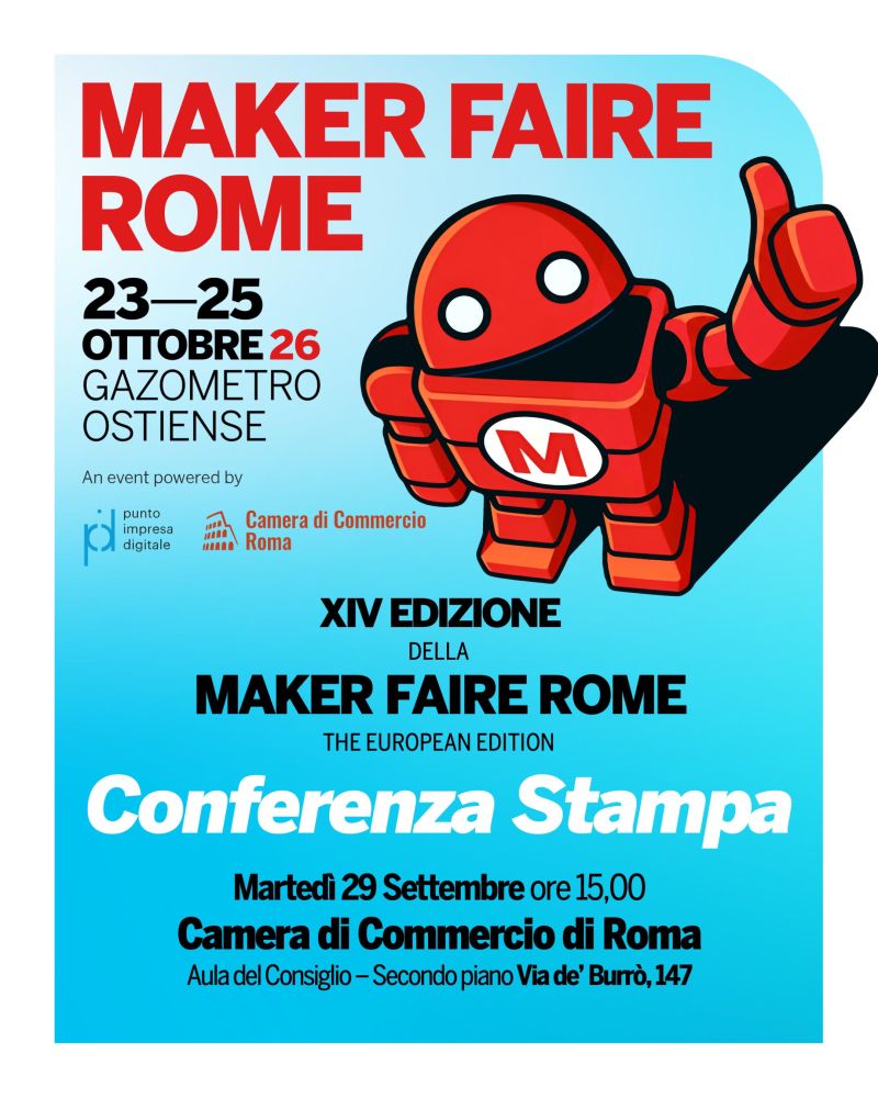 MakerFaireRome's tweet photo. 📷 Oggi, 29 settembre, alle 15.00 la @camcomroma  di Commercio di Roma presenta la XIV edizione di Maker Faire Rome – The European Edition.

Dal 23 al 25 ottobre 2026 al Gazometro Ostiense: robotica, AI, ricerca, imprese, università e innovazione da vivere.

#MakerFaireRome #Roma https://t.co/0kCfn86feC
