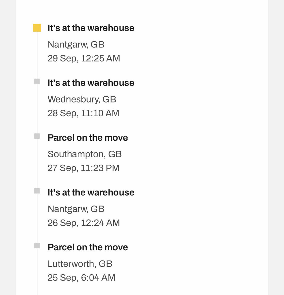 fashionpansy's tweet photo. @InPostUK is this parcel just taking a scenic tour of the U.K.?! It left a warehouse for 3 days later to end up at the same warehouse?? https://t.co/cMvJasVEdC