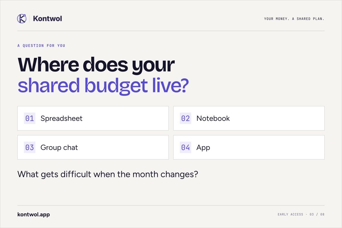 kontwolapp's tweet photo. Couples who budget together: where does your shared plan live today?

A spreadsheet, notes app, group chat, or another tool?

What gets difficult when plans change mid-month? We���re building Kontwol around those conversations. https://t.co/evTI13vYhf
