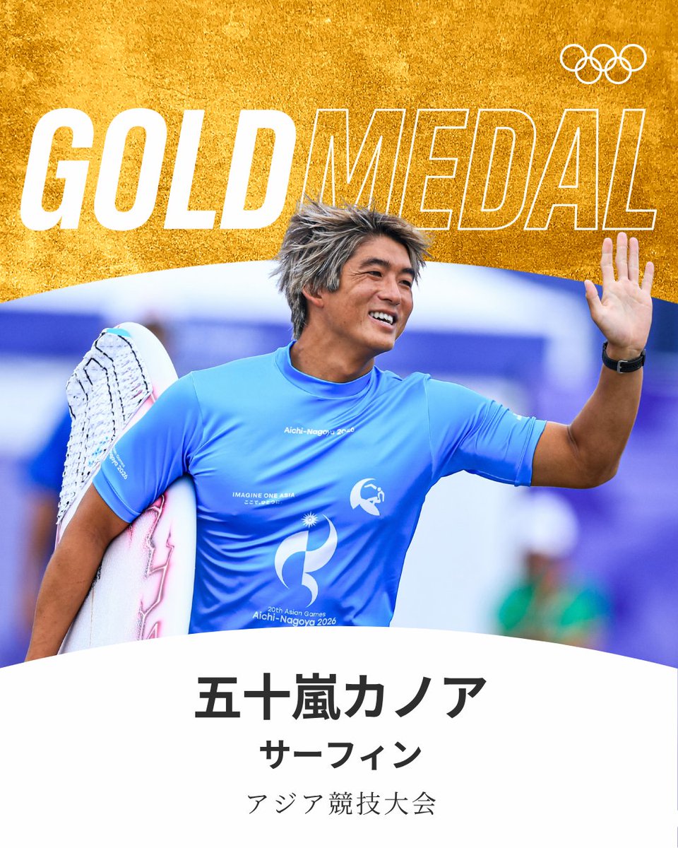 gorin's tweet photo. #アジア競技大会 #サーフィン 男子で五十嵐カノア選手が金メダルを獲得🥇

#aichinagoya2026 #RoadToLA28 https://t.co/cKD5ZhjE12