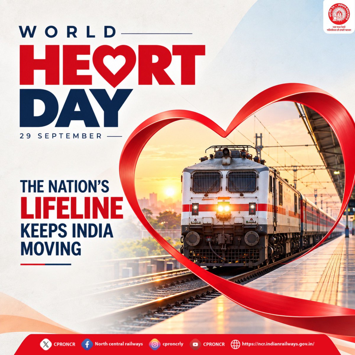 CPRONCR's tweet photo. A healthy heart keeps life moving, just as Railways keep the nation moving. ❤️🚆

On World Heart Day, let’s make heart health a priority and embrace habits that keep us active, healthy and moving.

#WorldHeartDay #HealthyHeart #Lifeline #LifelineOfTheNation #Railways https://t.co/ceRHJ67Ikz