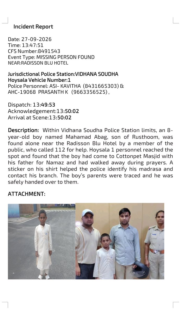 SoudhaVsps's tweet photo. Boy went missing was handed over to his parents safely https://t.co/WQUGaLLPZG