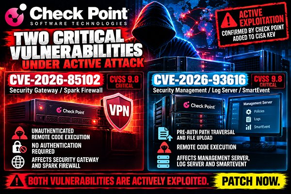 stem__shop's tweet photo. 🔴 Check Point: two critical flaws under active attack

CVE-2026-85102 and CVE-2026-93616 both score CVSS 9.8, affecting VPN gateways and security management infrastructure. Both are now i

https://t.co/ThAxdMS4vS

#CVE #CVE202685102 #CVE202693616 #CheckPoint #VPN #CyberSecurity https://t.co/V5CpM9EyM1