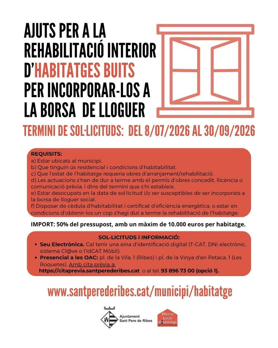 santperederibes's tweet photo. AJUTS MUNICIPALS PER A LA REHABILITACIÓ INTERIOR D’HABITATGES BUITS
ℹ️ Bases i models de sol·licitud: https://t.co/MhZWNzV1hv
🗓️ fins al 30 de setembre
❗DEMÀ, ÚLTIM DIA!
S'han de destinar en règim de lloguer assequible o cessió d’us a la Borsa de mediació municipal.
#SPRibes https://t.co/zGPsA1T7Qh