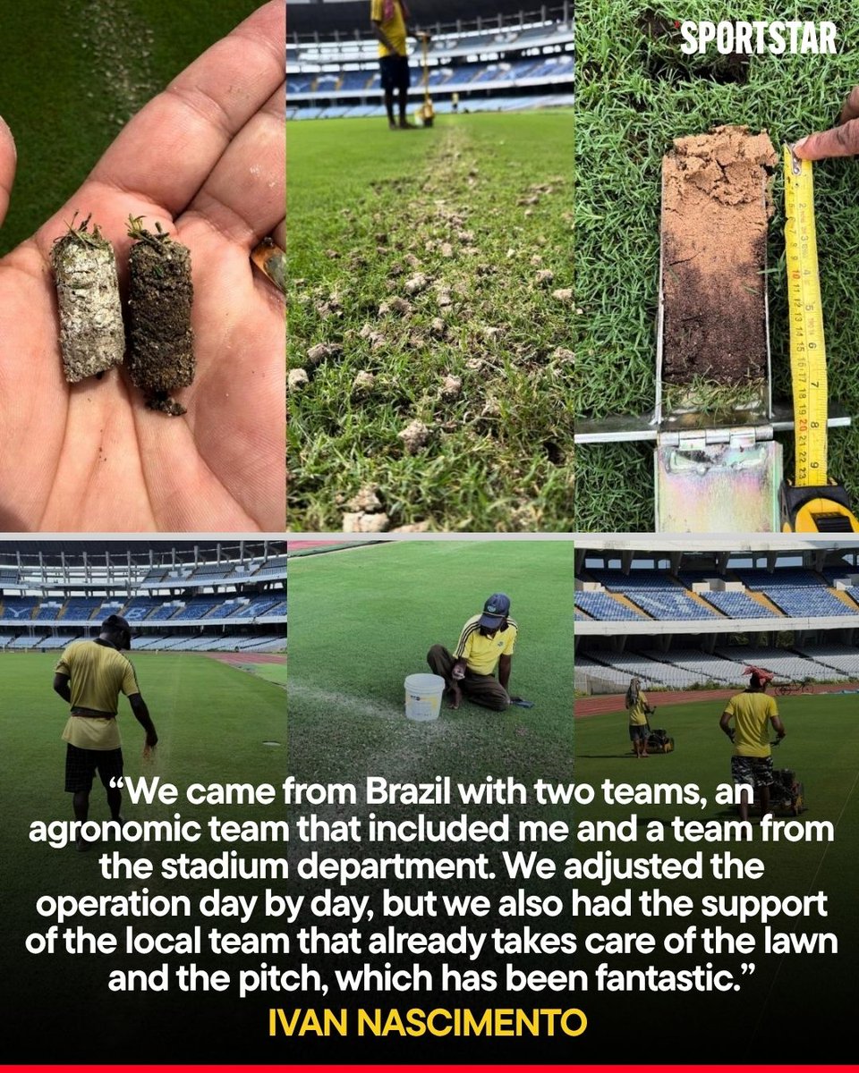 sportstarweb's tweet photo. 𝐓𝐡𝐞 𝐒𝐚𝐥𝐭 𝐋𝐚𝐤𝐞 𝐒𝐭𝐚𝐝𝐢𝐮𝐦’𝐬 𝐩𝐢𝐭𝐜𝐡 𝐝𝐢𝐝 𝐧𝐨𝐭 𝐥𝐨𝐨𝐤 𝐜𝐨𝐧𝐝𝐮𝐜𝐢𝐯𝐞 𝐰𝐡𝐞𝐧 𝐭𝐡𝐞 𝐝𝐚𝐭𝐞 𝐰𝐚𝐬 𝐚𝐧𝐧𝐨𝐮𝐧𝐜𝐞𝐝 𝐟𝐨𝐫 𝐈𝐧𝐝𝐢𝐚 𝐯𝐬 𝐁𝐫𝐚𝐳𝐢𝐥 🇮🇳🇧🇷

Soon after the announcement, a team from the Brazilian Football Confederation (CBF) visited Kolkata but was unhappy with the condition of the pitch 🏟️

Ivan Nascimento, a turf expert from Brasilia, arrived in the city and stayed for a month, overseeing the transformation 🤝

Here’s how the pitch was finally readied for the match on October 3 in Kolkata ➡️ https://t.co/PDEdu73vU4 

✍️: @Adistweets | 📸: Ivan Nascimento

#IndianFootball #Kolkata #IndiavsBrazil