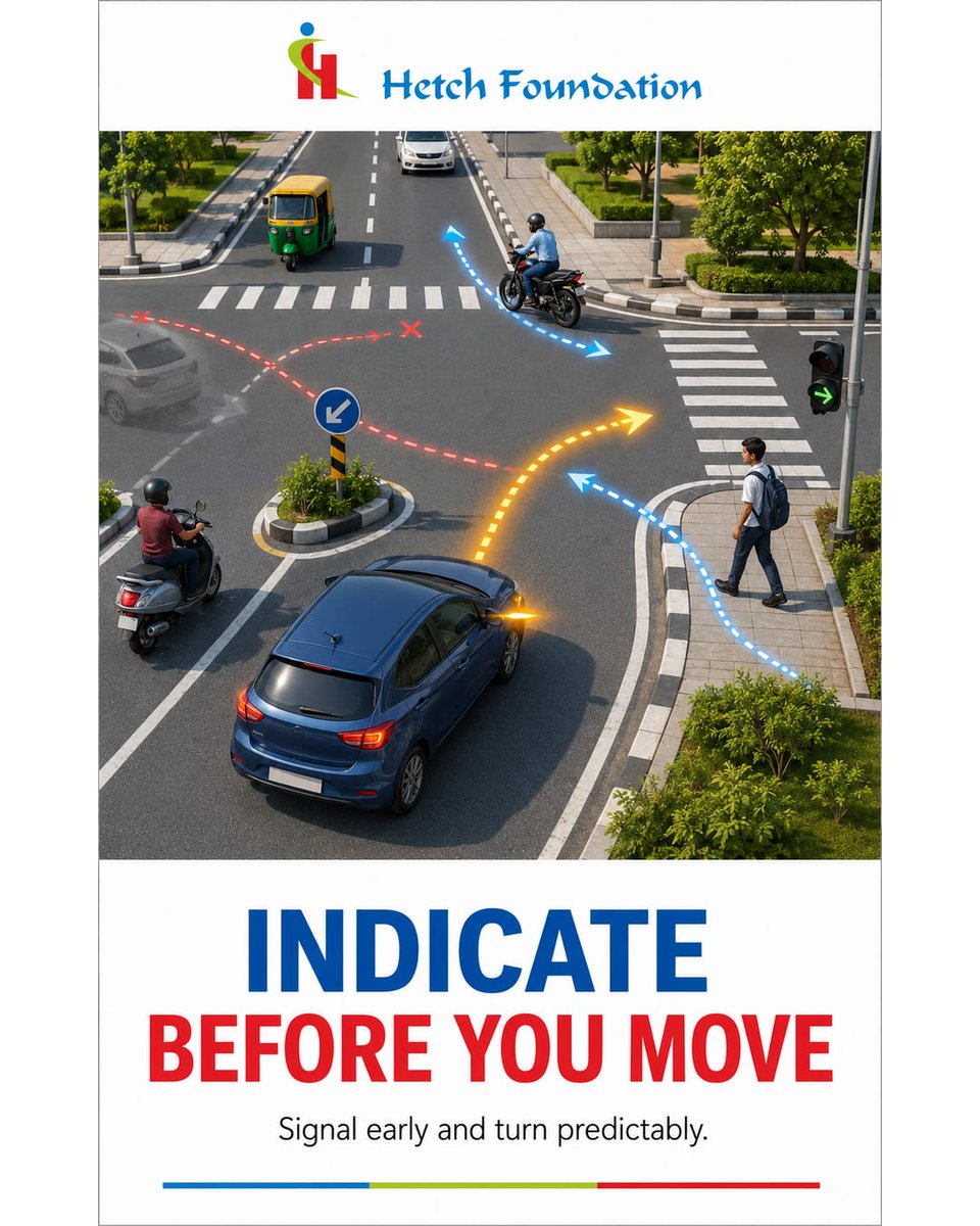 hetchfoundation's tweet photo. Your indicator is how you communicate with everyone around you. Signal early—before braking, turning, or changing lanes—not after you begin moving.
#HetchFoundation #UseIndicators #SignalEarly #DrivePredictably #RoadSafetyIndia https://t.co/pbytcLSBpU