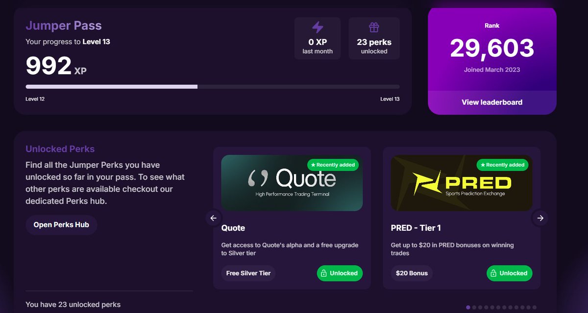 BlockSage_bi's tweet photo. Jumper Pass Perks: a quick look 👀

One feature I checked is the Unlocked Perks section.

My dashboard currently shows 23 unlocked perks alongside my Jumper Pass progress. The page also shows individual perks with their specific benefits and an “Unlocked” status — for example, Quote and PRED.

The useful part is that you can see the actual perk and its benefit instead of treating XP as just a number.

Source: https://t.co/hy9rhVsJ7m

Disclosure: This post is part of a Republic campaign and earns participation rewards.