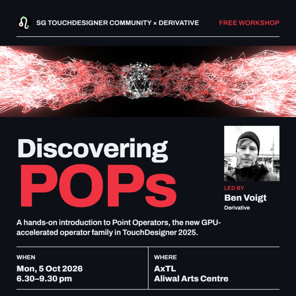 1null1's tweet photo. SINGAPORE - Hosted by the SG TouchDesigner Community &amp; Derivative, join us for a session discovering POPs! This workshop is suitable for beginners and intermediate users who want to dive into POPs.

Oct 5
RSVP - space is limited to 20 seats.
https://t.co/z26TPzx93H https://t.co/BkbfCexhKZ