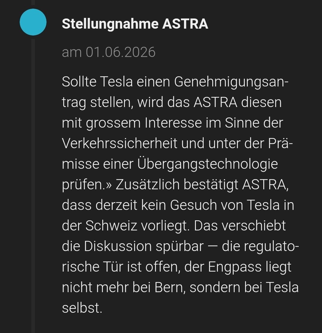 JohlMarc's tweet photo. Das ASTRA #uvek hat mehrfach bestätigt: Die regulatorische Tür für #FSD in der Schweiz ist offen, Bern prüft sofort bei Gesuchseingang. Doch von @Tesla liegt noch kein Antrag vor! @TeslaEurope @elonmusk: Hört auf, auf Brüssel zu warten – reicht das Gesuch in Bern ein 🇨🇭 https://t.co/K1LsMeKniH