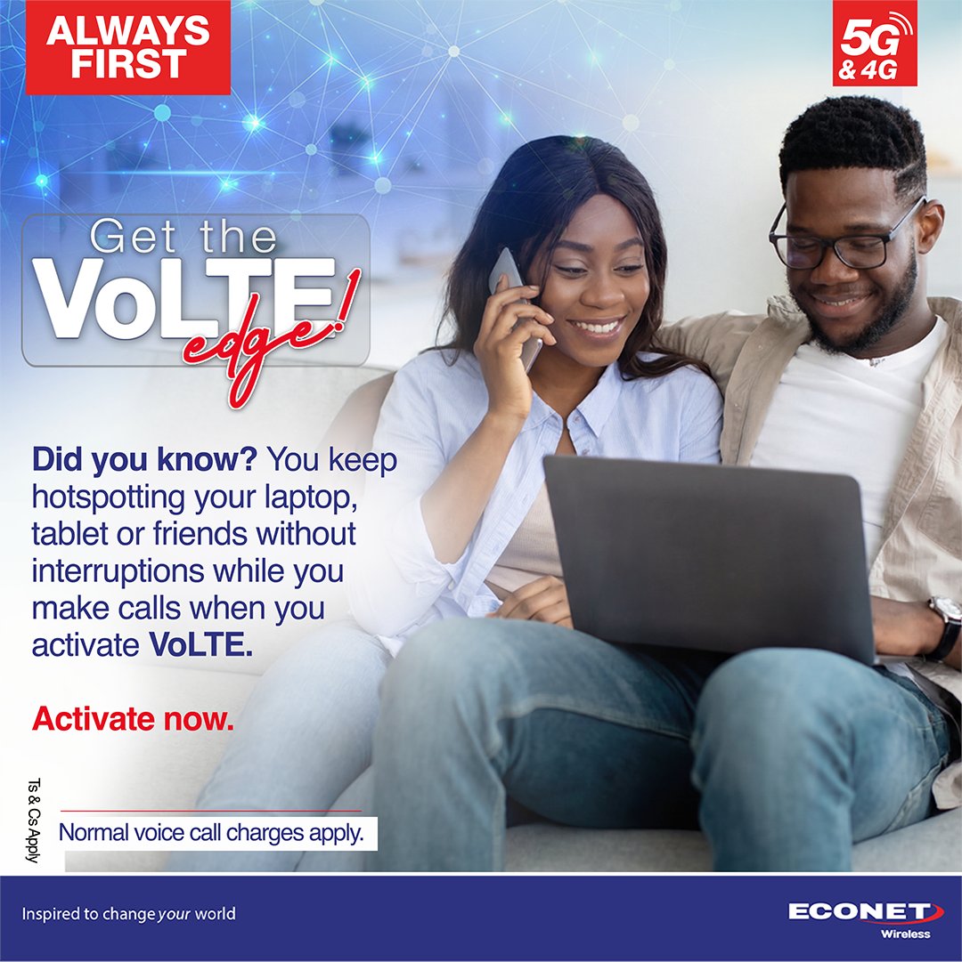 econetzimbabwe's tweet photo. Ever had your hotspot stop when a call comes in? 🤔💻
With VoLTE activated, you can keep sharing internet to your devices while talking on the phone.
More connection, fewer interruptions.
Activate now.
Normal voice call charges apply.
#VoLTEEdge #AlwaysFirst #StayConnected https://t.co/O7ovLRkB2k