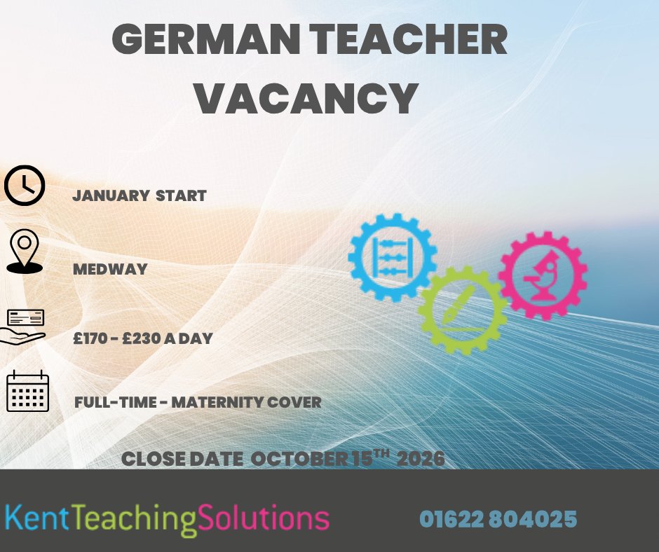 KentteachingKTS's tweet photo. Kent Teaching Solutions are currently recruiting for an enthusiastic and committed Teacher of German to join a school in Medway on a full-time maternity cover contract.

The successful candidate will be required to teach German at both GCSE and A-level.

https://t.co/6oyDoPoF8W https://t.co/D5Pu4KbmRU