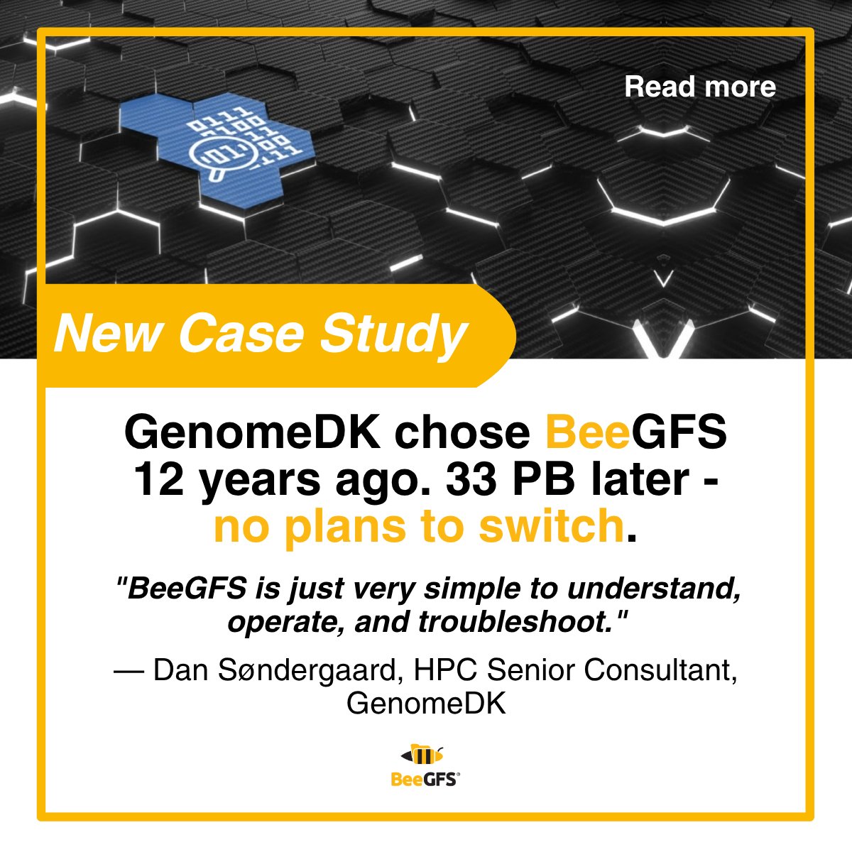 BeeGFS's tweet photo. 33 PB. 1,300 researchers. 5,000 concurrent jobs. Managed by a team of 3.5 system administrators. GenomeDK have been powered by BeeGFS for over 12 years.

Read the new BeeGFS case study: 
https://t.co/HnLbgd97th https://t.co/H6rBxbg7cl