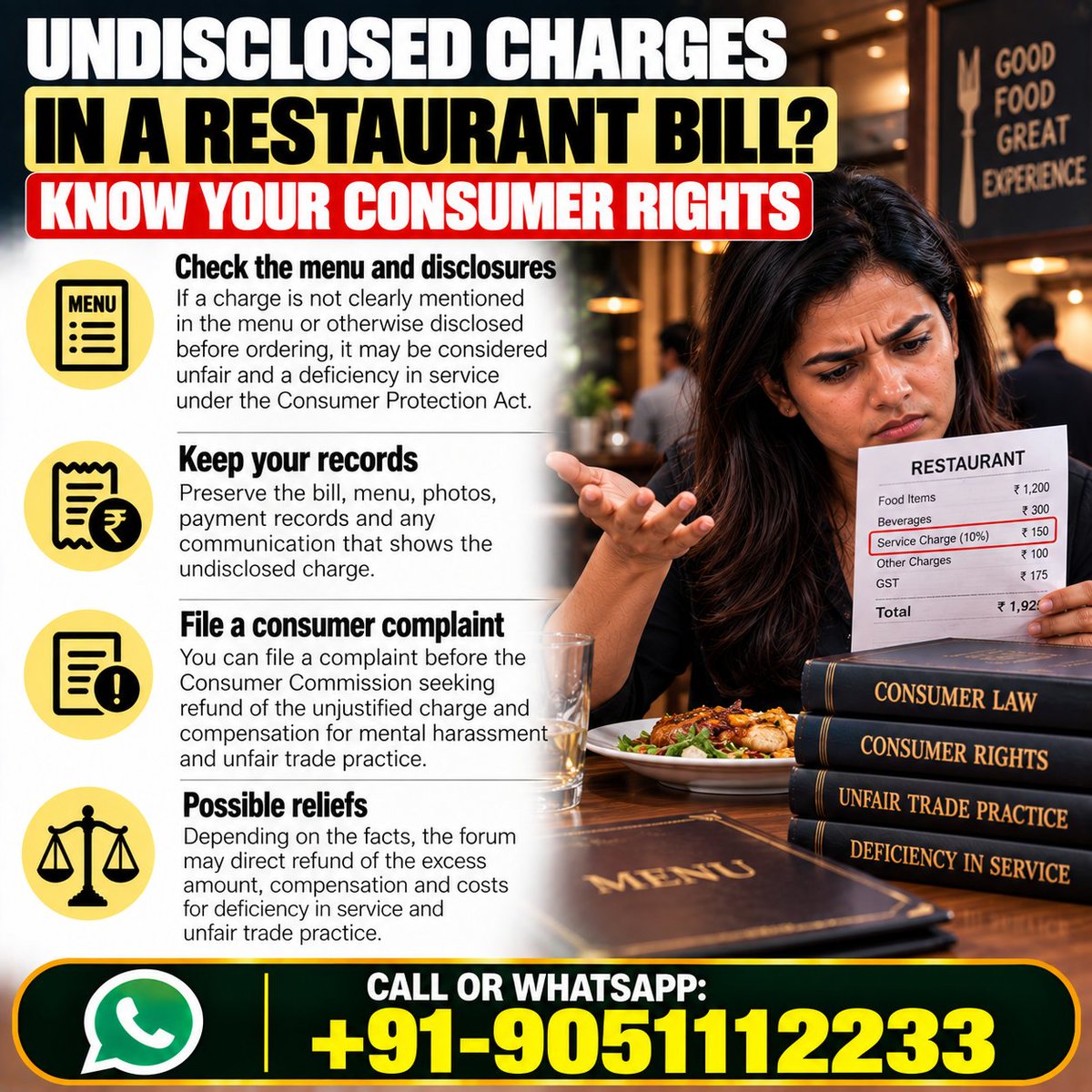 drakmphd's tweet photo. Can a customer seek compensation when a restaurant adds a charge that was not disclosed before ordering? 
Call or WhatsApp: +91-9051112233 
#ConsumerLaw #ConsumerRights #RestaurantComplaint https://t.co/q9U7p8dfUu