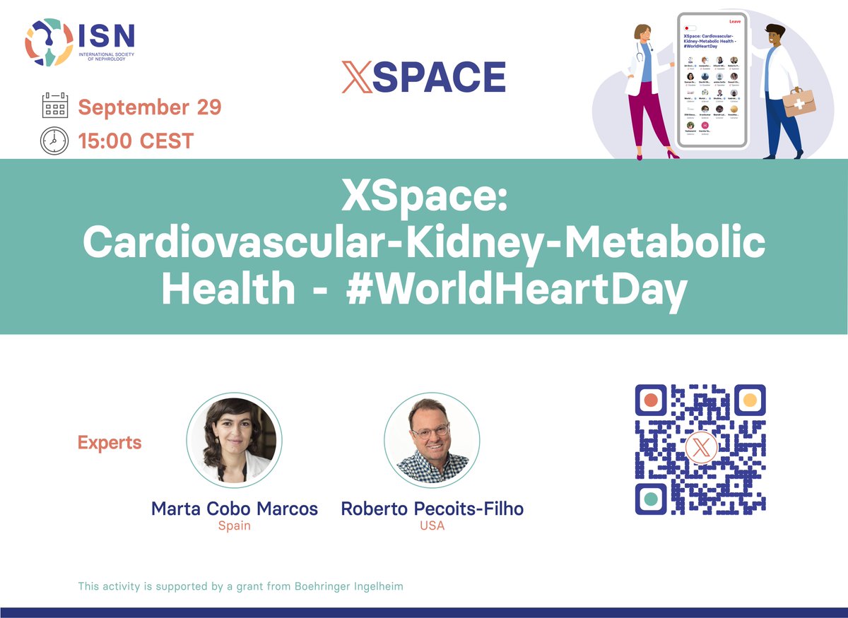 ISNkidneycare's tweet photo. 🎙️ Join the conversation today!

Hear from @MartaCoboMarcos and @pecoitsfilho in an ISN X Space on cardio-kidney-metabolic (CKM) health and discover how integrated approaches can improve prevention and care.

🔗 Join live: https://t.co/tsEdi8WZPn

This activity is supported by a grant from Boehringer Ingelheim.