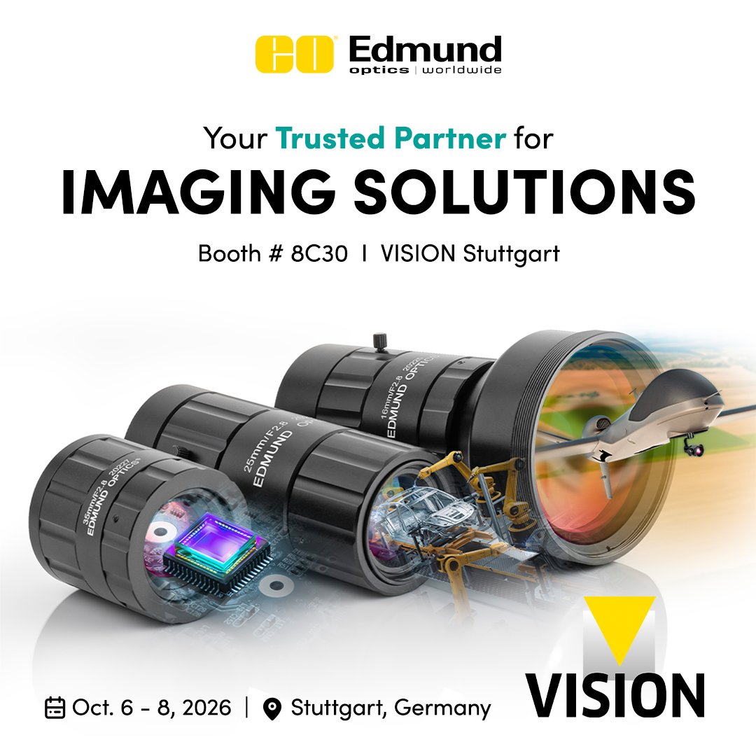 EdmundOptics's tweet photo. What optical challenge are you working on?

Bring it to VISION 2026 and explore what we could engineer together—from components to complete optical systems.

📅 6–8 October
📍 Hall 8, Booth C30
🎟️https://t.co/TyRaEoMnZv

#VISION2026 #OpticalEngineering #MachineVision #Photonics https://t.co/gS1apaOG3I