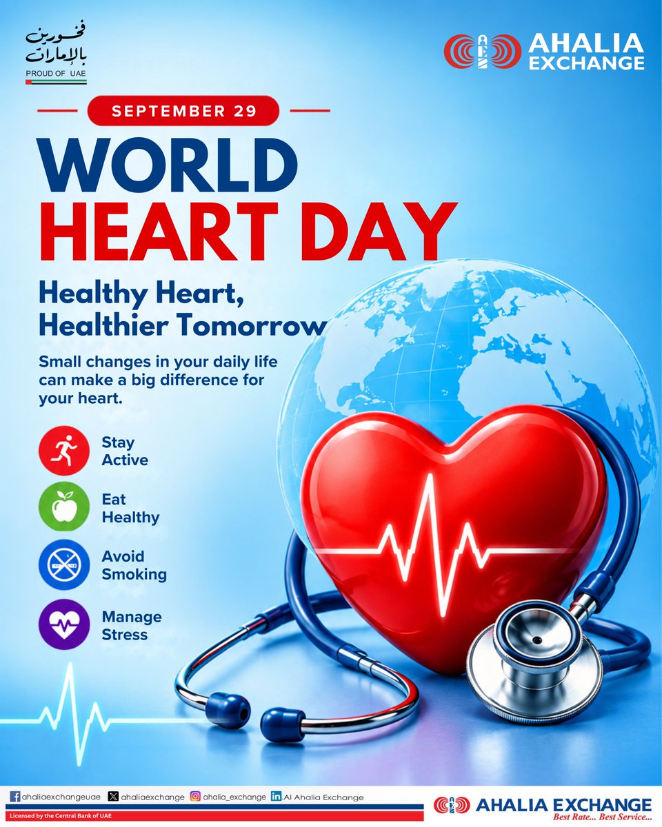 Ahaliaexchange's tweet photo. This World Heart Day, let’s take a step towards a healthier heart and a healthier tomorrow. ❤️

Small changes in our daily lives can make a big difference. Stay active, eat healthy, avoid smoking, and manage stress to keep your heart healthy. https://t.co/irhxcg4tGh