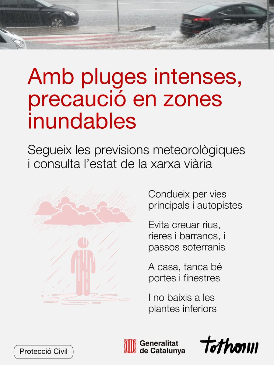 emergenciescat's tweet photo. 🌧️ Amb previsió de pluges intenses, molta precaució en els desplaçaments i activitats a l'exterior, principalment en zones inundables.

Segueix sempre les previsions del @meteocat i l'estat del @transit

Més consells d'autoprotecció: https://t.co/ZWUR1q1PQ3 https://t.co/GbFuQi9onD