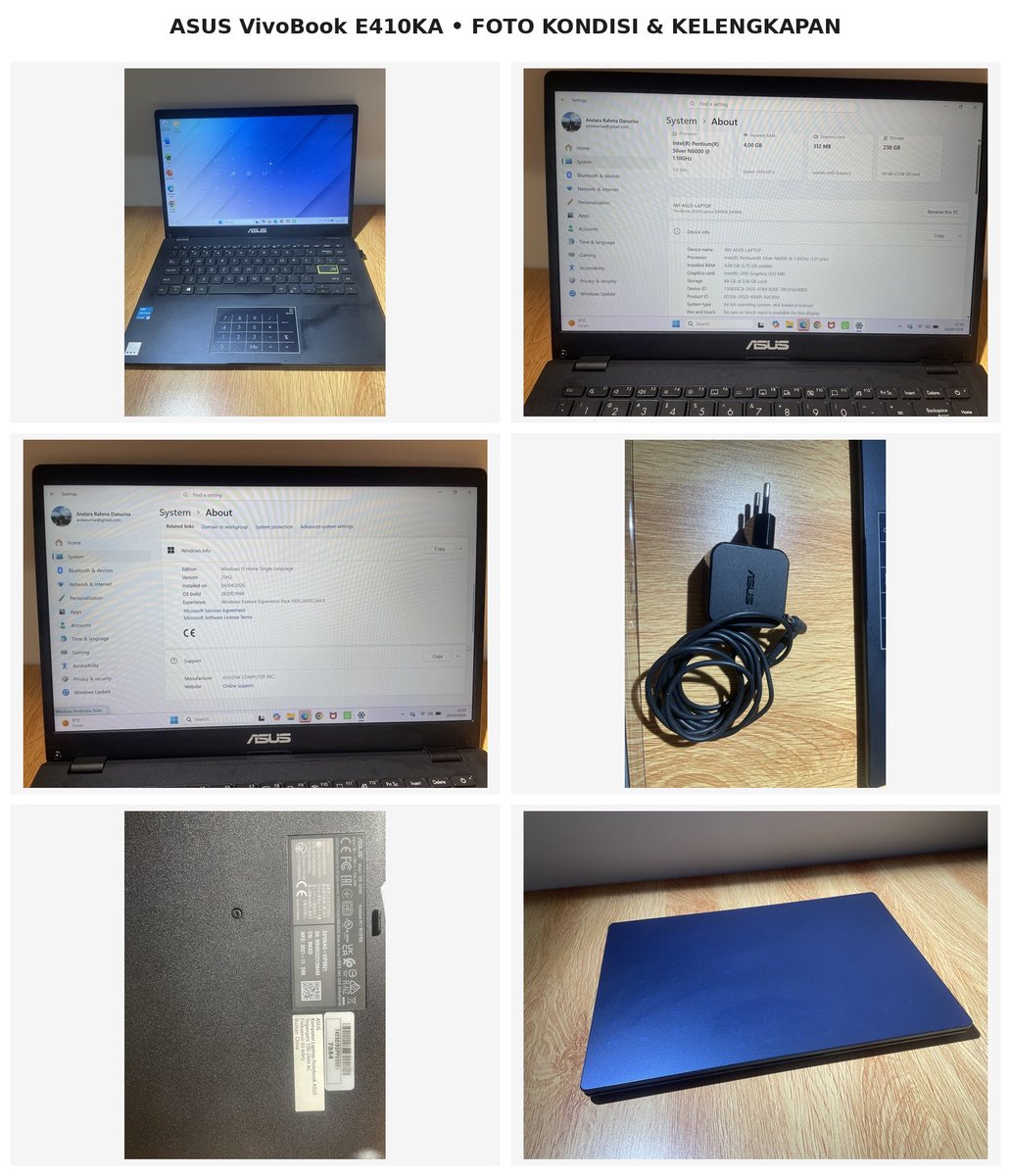 andaracurly's tweet photo. 💻 DIJUAL ASUS VIVOBOOK E410KA

Intel Pentium Silver N6000 | RAM 4GB | SSD 256GB | 14” | Windows 11

✨ Kondisi mulus &amp; normal
🔋 Battery Health 98% | Cycle Count 16x
🔌 Charger original lengkap
📦 Dus tidak ada

💰 Rp3.000.000 (nego)

📍 Surabaya–Sidoarjo
📲 Dara: 0811-9931-910 https://t.co/DsFARJCEQw