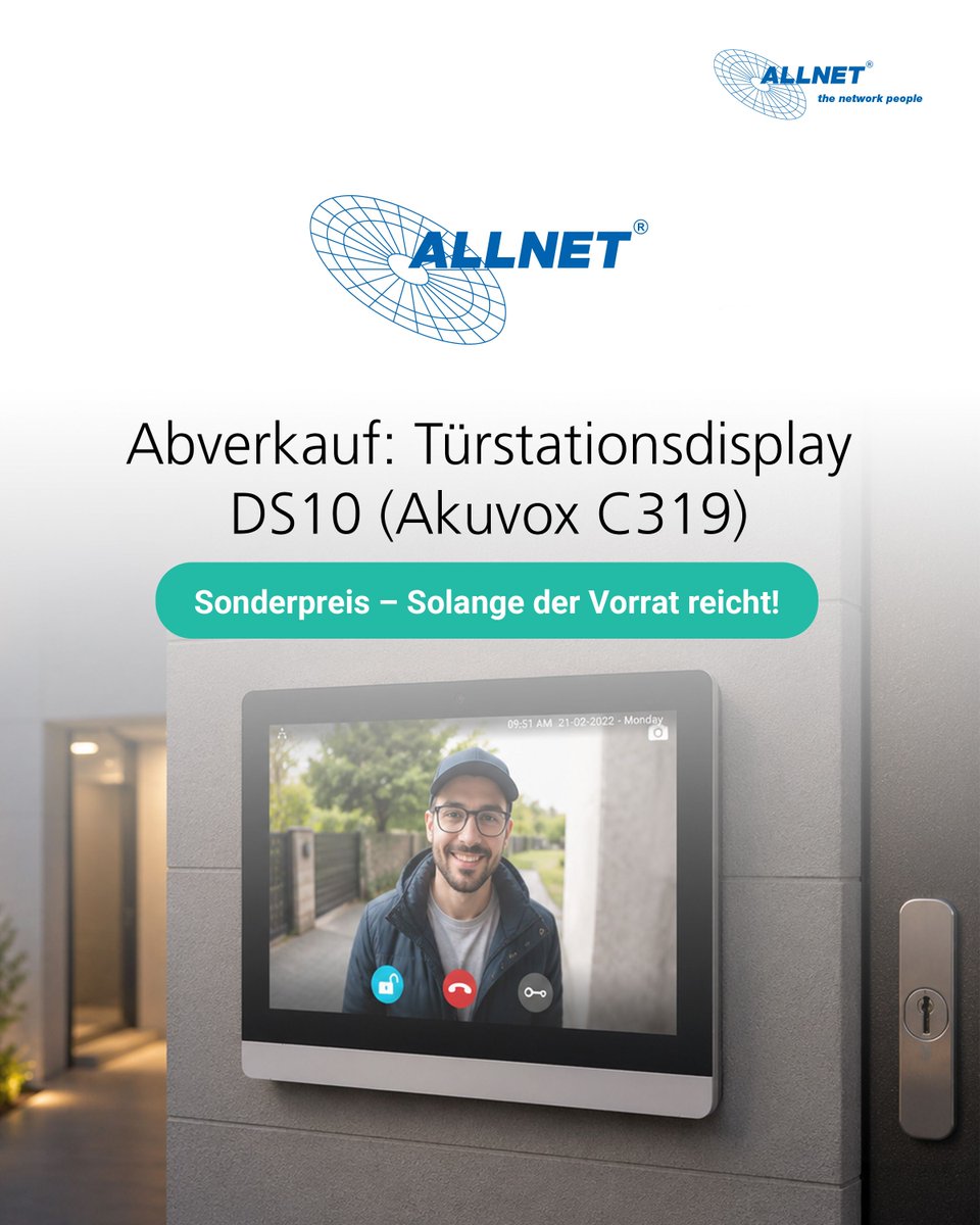 ALLNETGmbH's tweet photo. Abverkauf: Türstationsdisplay DS10 (Akuvox C319)
Sonderpreis– solange der Vorrat reicht!

Jetzt entdecken:
➡️ https://t.co/fMA2W16YW7

#ALLNETbrand #Akuvox #VAD #TheNetworkPeople https://t.co/bbd2gRwsHV