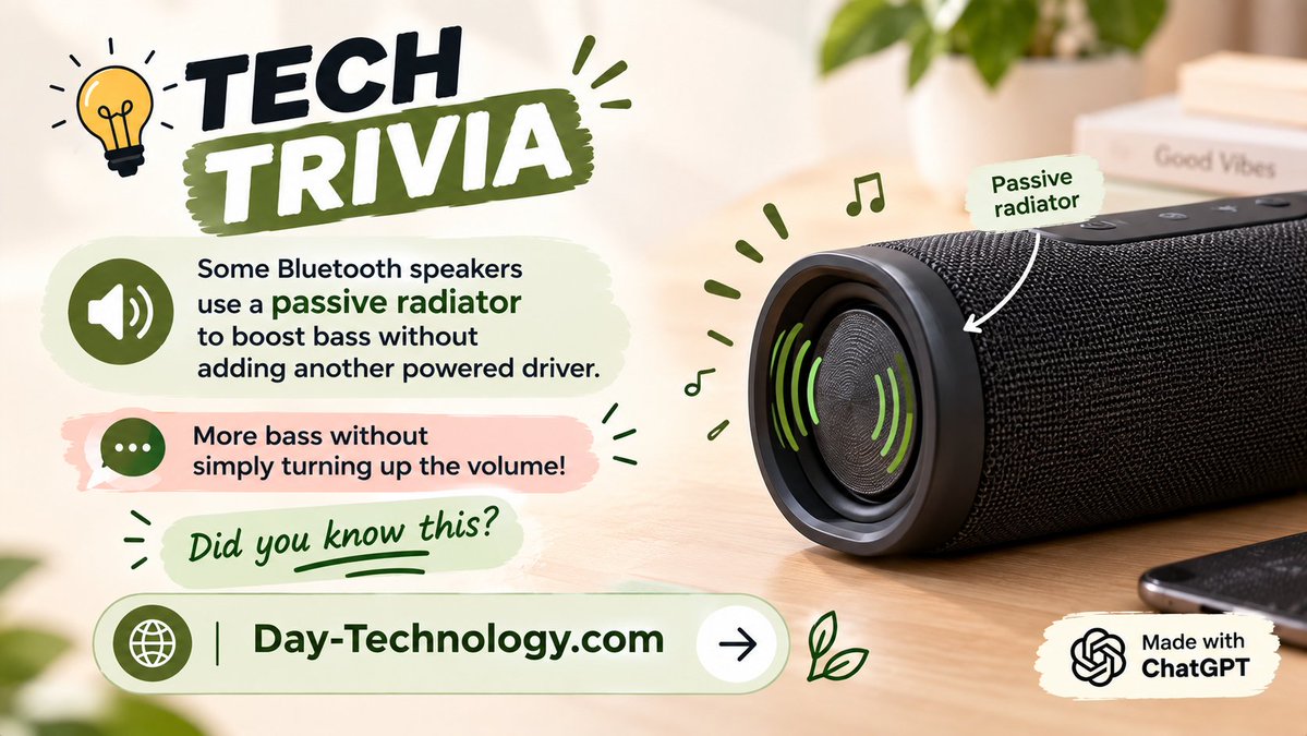 DayTechnology1's tweet photo. π€― Tech Trivia!
π Some Bluetooth speakers use a passive radiator to boost bass without adding another powered driver.
π¬ Did you know this?
π Smarter gadget insights πhttps://t.co/ZBKfaP3plB
#TechTrivia #TechFacts #Speakers #DidYouKnow #DayTechnology https://t.co/KM9sVAx1ry