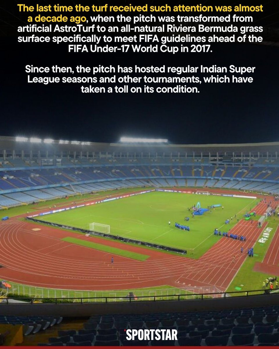 sportstarweb's tweet photo. 𝐓𝐡𝐞 𝐒𝐚𝐥𝐭 𝐋𝐚𝐤𝐞 𝐒𝐭𝐚𝐝𝐢𝐮𝐦’𝐬 𝐩𝐢𝐭𝐜𝐡 𝐝𝐢𝐝 𝐧𝐨𝐭 𝐥𝐨𝐨𝐤 𝐜𝐨𝐧𝐝𝐮𝐜𝐢𝐯𝐞 𝐰𝐡𝐞𝐧 𝐭𝐡𝐞 𝐝𝐚𝐭𝐞 𝐰𝐚𝐬 𝐚𝐧𝐧𝐨𝐮𝐧𝐜𝐞𝐝 𝐟𝐨𝐫 𝐈𝐧𝐝𝐢𝐚 𝐯𝐬 𝐁𝐫𝐚𝐳𝐢𝐥 🇮🇳🇧🇷

Soon after the announcement, a team from the Brazilian Football Confederation (CBF) visited Kolkata but was unhappy with the condition of the pitch 🏟️

Ivan Nascimento, a turf expert from Brasilia, arrived in the city and stayed for a month, overseeing the transformation 🤝

Here’s how the pitch was finally readied for the match on October 3 in Kolkata ➡️ https://t.co/PDEdu73vU4 

✍️: @Adistweets | 📸: Ivan Nascimento

#IndianFootball #Kolkata #IndiavsBrazil
