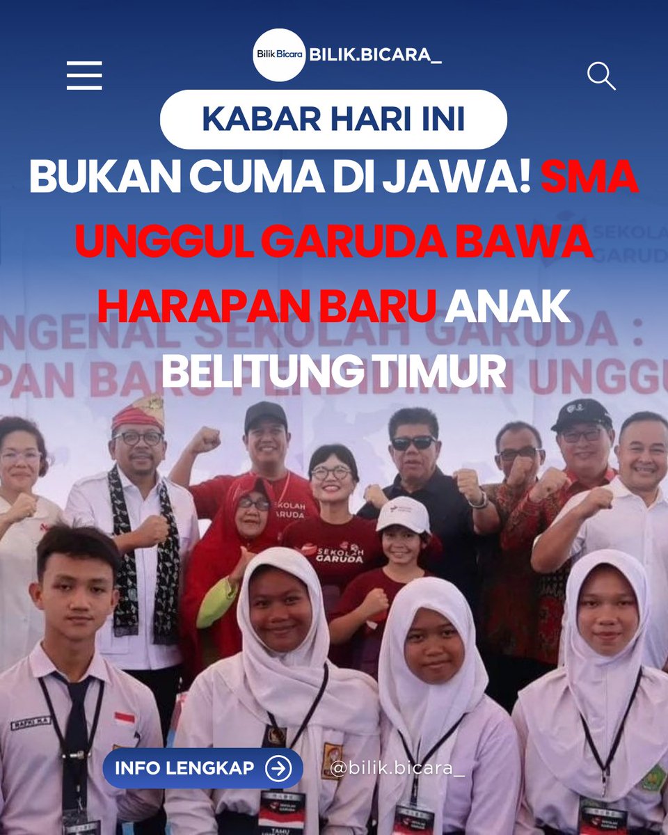 bilikbicara's tweet photo. Bukan cuma mimpi, sekarang nyata! 🇮🇩 SMA Unggul Garuda bawa harapan baru buat anak-anak Belitung Timur. Bukti kalau pendidikan berkualitas bintang lima gak cuma monopoli pulau Jawa aja.

#SMAUnggulGaruda #KabarHariIni #PendidikanMerata #BelitungTimur #HarapanBaru https://t.co/FSJyEtHbdk