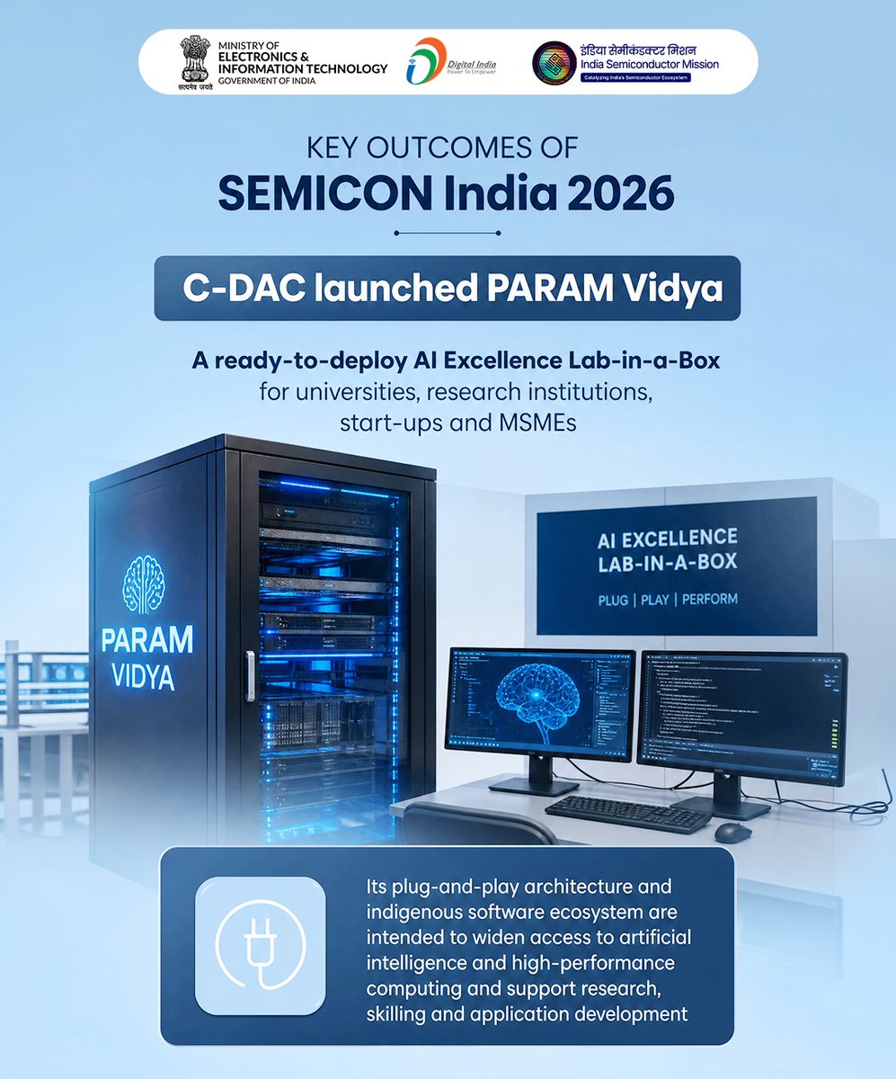 GoI_MeitY's tweet photo. C-DAC introduced PARAM Vidya, an indigenous plug-and-play solution designed to empower universities, research institutions, startups, and MSMEs with advanced AI and High-Performance Computing (HPC) capabilities!
#SEMICONIndia2026 @SemiconIndia @SEMIIndia https://t.co/p4NBeZUeEd