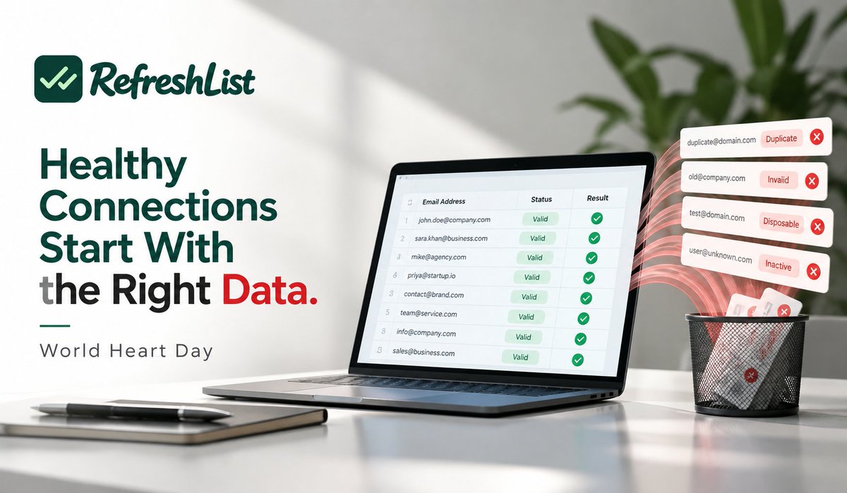 Refresh_list's tweet photo. Healthy Connections Start With the Right Data. ❤️

On World Heart Day, a simple reminder:

Just like heart health depends on good habits,
email outreach depends on a clean, healthy list.

Remove duplicates.
Verify addresses.
Reduce invalid contacts.

Keep your list healthy with RefreshList.