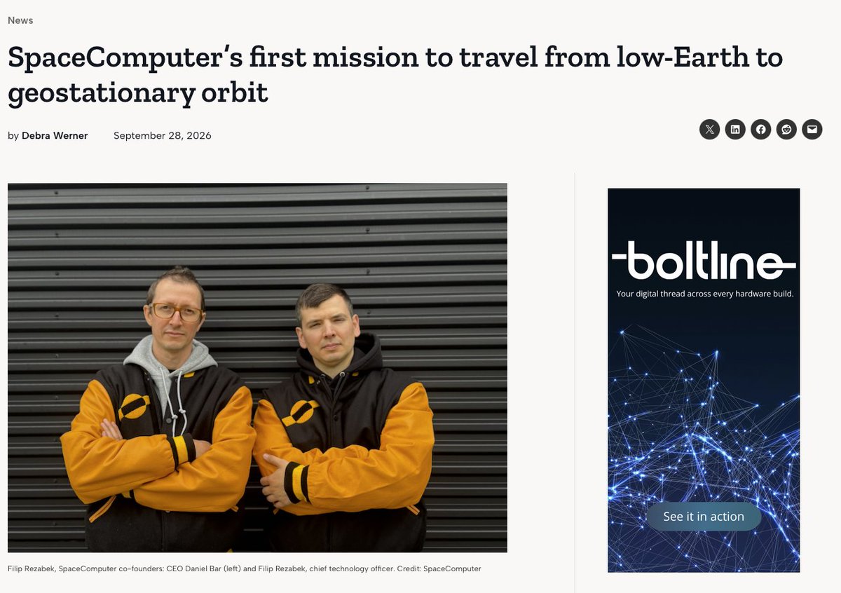 semicondurian's tweet photo. We're taking a bet that the future development and growth of space computing will resemble a lot what we've seen on earth:

- Open and interoperable
- Cryptographically verifiable and secure
- Shared resources will unlock utility and scale

Today we're announcing the first mission of @SpaceComputerIO, a custom design and implementation of our Space Fabric architecture. Our payload will be integrated aboard a spacecraft traveling from LEO to GEO and will be planned to operate in GEO for full 12 months or longer.

Thanks to @spacereportr and @SpaceNews_Inc for the coverage 👽🙏🏻

1/