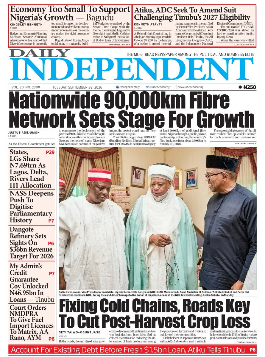 IndependentNGR's tweet photo. Just published: front page of Daily Independent Newspaper for today, 29 September 2026 https://t.co/aYu7gPipDo