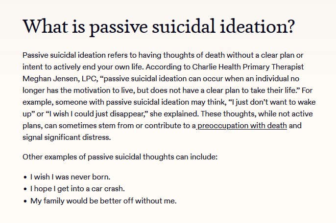 Timely_Kanade's tweet photo. I find it a nothingburger, &amp; sometimes edgy, when people take issue with “I want to disappear” instead of “die.” Both are suicidal tendencies, but the two aren’t necessarily the same. Passive suicidal ideation is more common to the struggles of teens &amp; fits the context better. https://t.co/kwU1DNwvgk