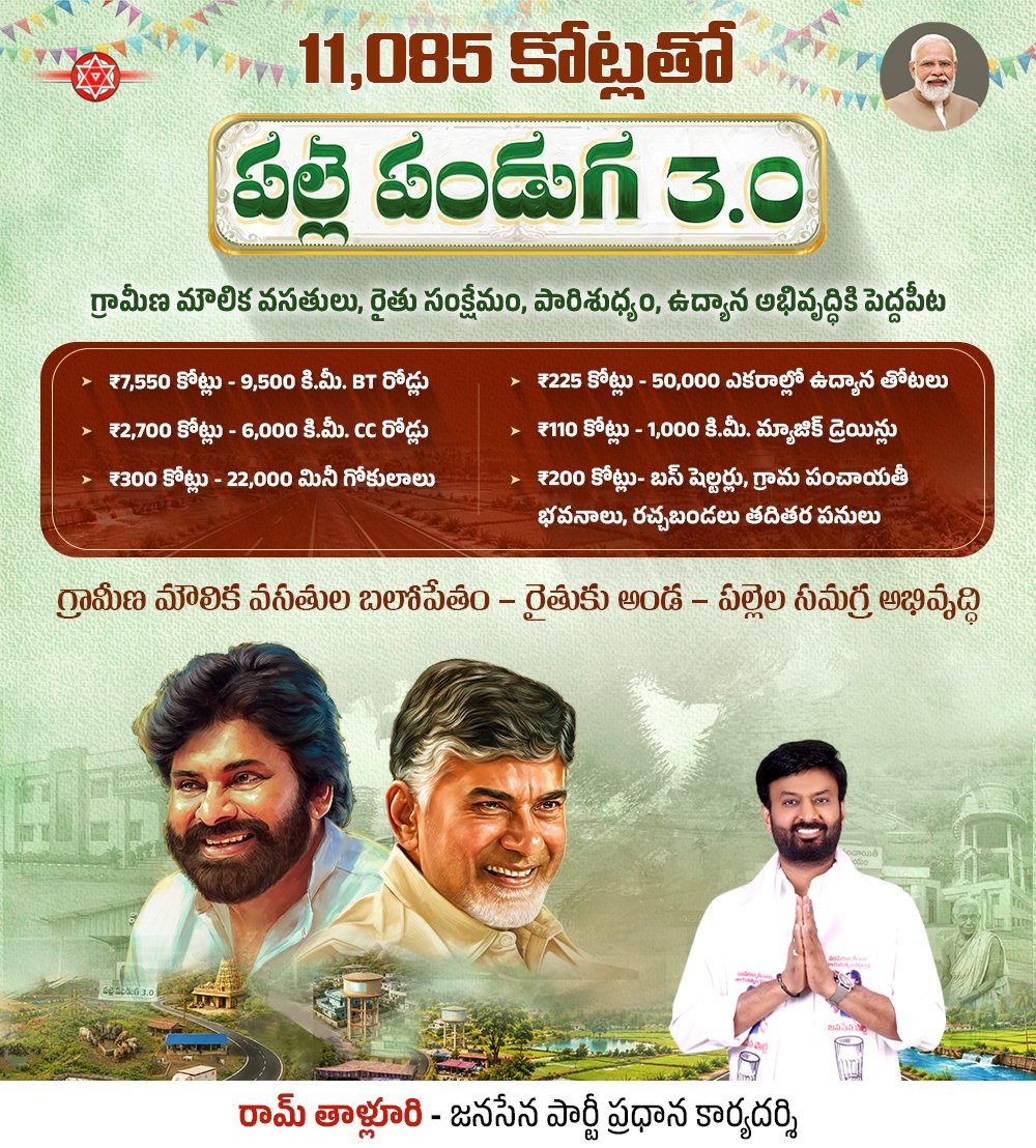 itsRamTalluri's tweet photo. ఆంధ్రప్రదేశ్ రాష్ట్ర పల్లెలను ప్రగతి పథంలో నడిపిస్తూ మూడో విడత పల్లెపండుగ 3.O కార్యక్రమానికి నాంది పలుకుతూ, ప్రజల జీవితాల్లో మార్పు తీసుకొస్తున్న గౌరవ ఆంధ్రప్రదేశ్ రాష్ట్ర ఉప ముఖ్యమంత్రి శ్రీ @PawanKalyan గారికి మనస్పూర్తిగా ధన్యవాదాలు తెలియజేస్తున్నాను.

ఈరోజు ఉదయగిరి నియోజకవర్గంలో పల్లెపండుగ 3.O కార్యక్రమాన్ని ప్రారంభిస్తున్న గౌరవ ఆంధ్రప్రదేశ్ రాష్ట్ర ముఖ్యమంత్రి శ్రీ @ncbn గారికి, గౌరవ ఉప ముఖ్యమంత్రి శ్రీ పవన్ కళ్యాణ్ గారికి హృదయపూర్వక అభినందనలు తెలియజేస్తున్నాను.

#PallePanduga #APTowardsGramaSwaraj